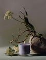 Juana Sandalwood + Hashish Rest apothecary medium candle with ikebana-inspired botanical arrangement, vegan coco-apricot wax, eco-friendly.