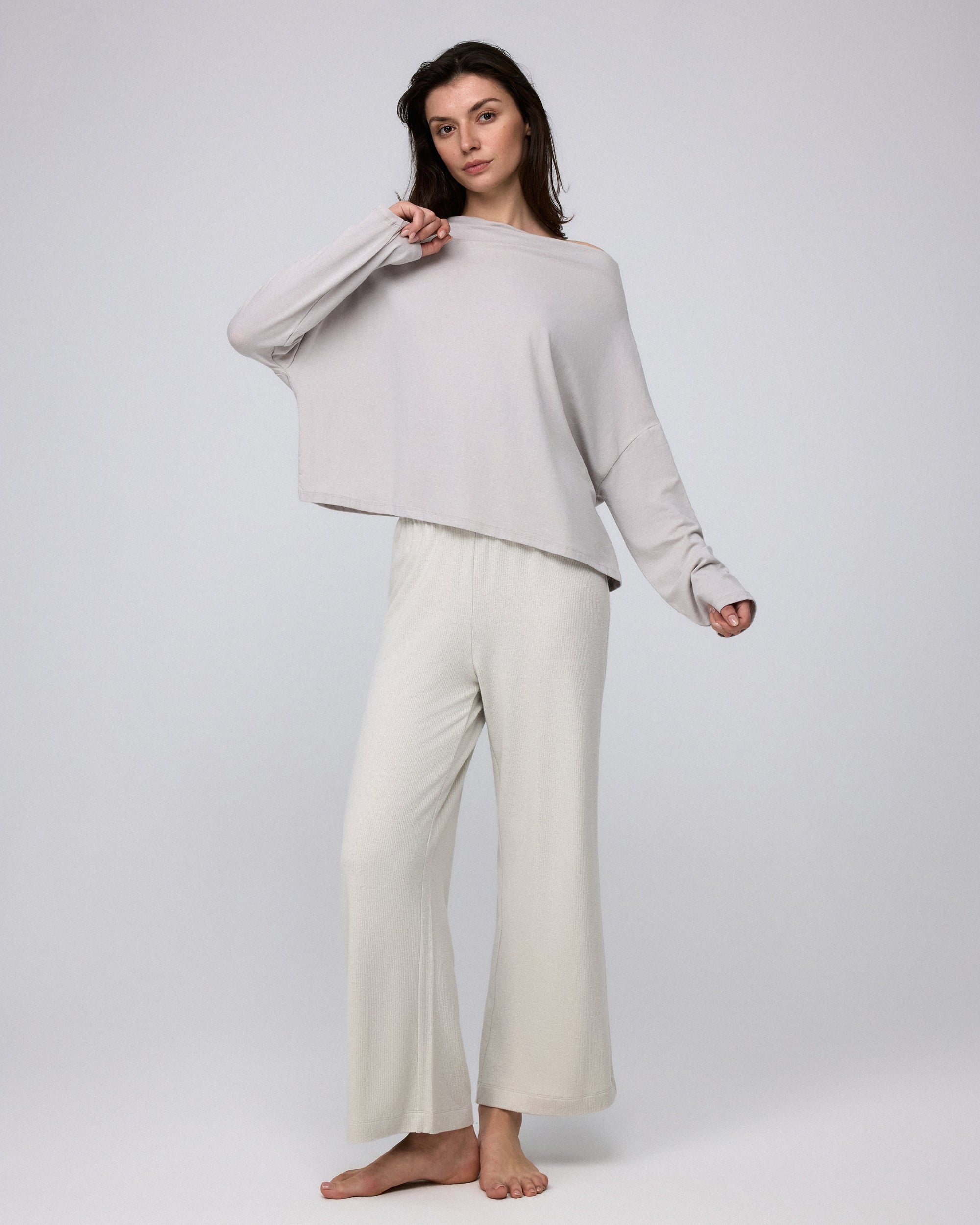Juana Selene Lounge Pants cement (hemp–tencel–spandex) detail view showing rib knit texture and waistband