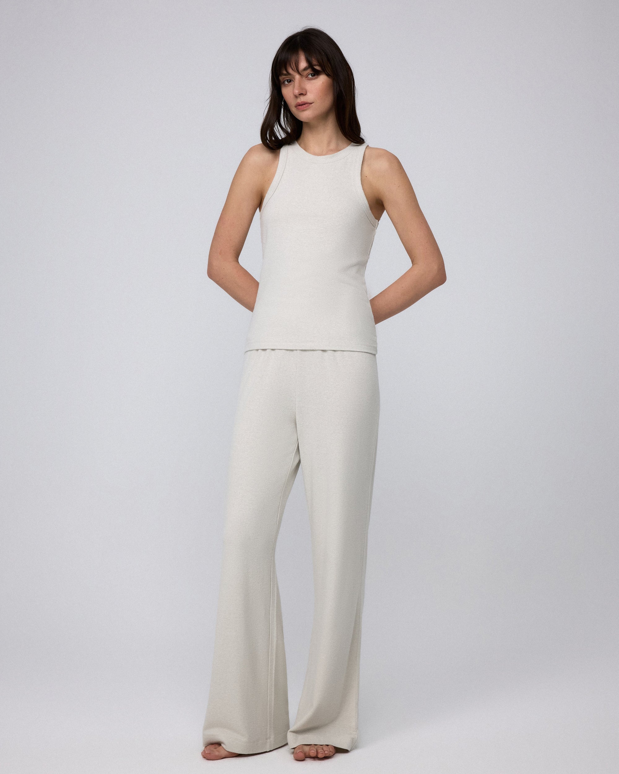 Juana Selene Lounge Pants cement (hemp–tencel–spandex) styled look showing soft drape and rib knit texture
