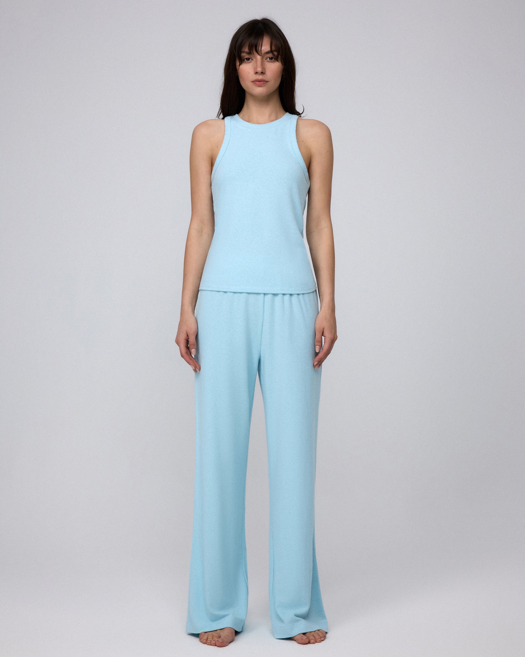 Juana Selene Lounge Pants sky blue (hemp–tencel–spandex) styled look showing soft drape and rib knit texture