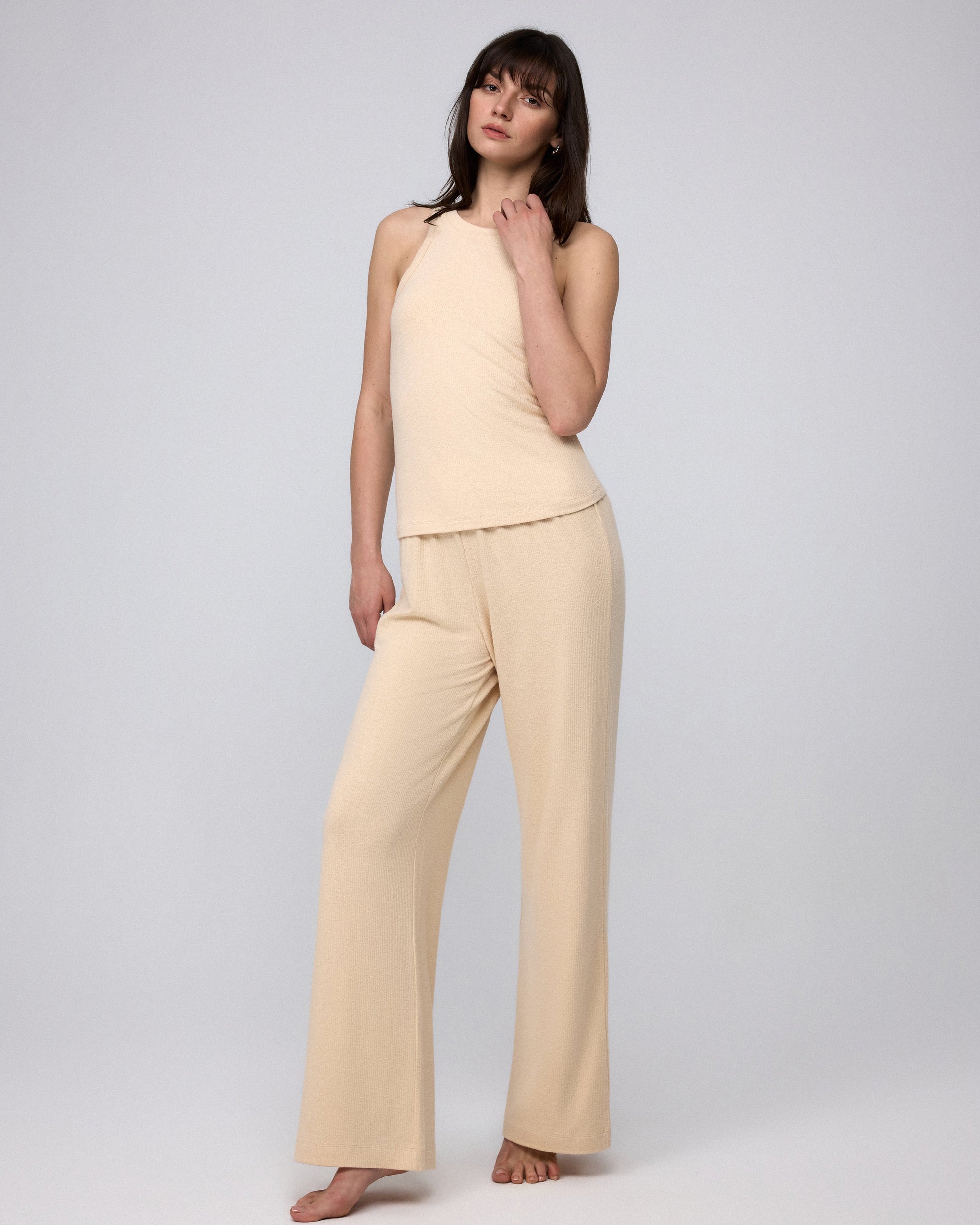 Juana Selene Lounge Pants tan (hemp–tencel–spandex) model main image with relaxed full-length fit