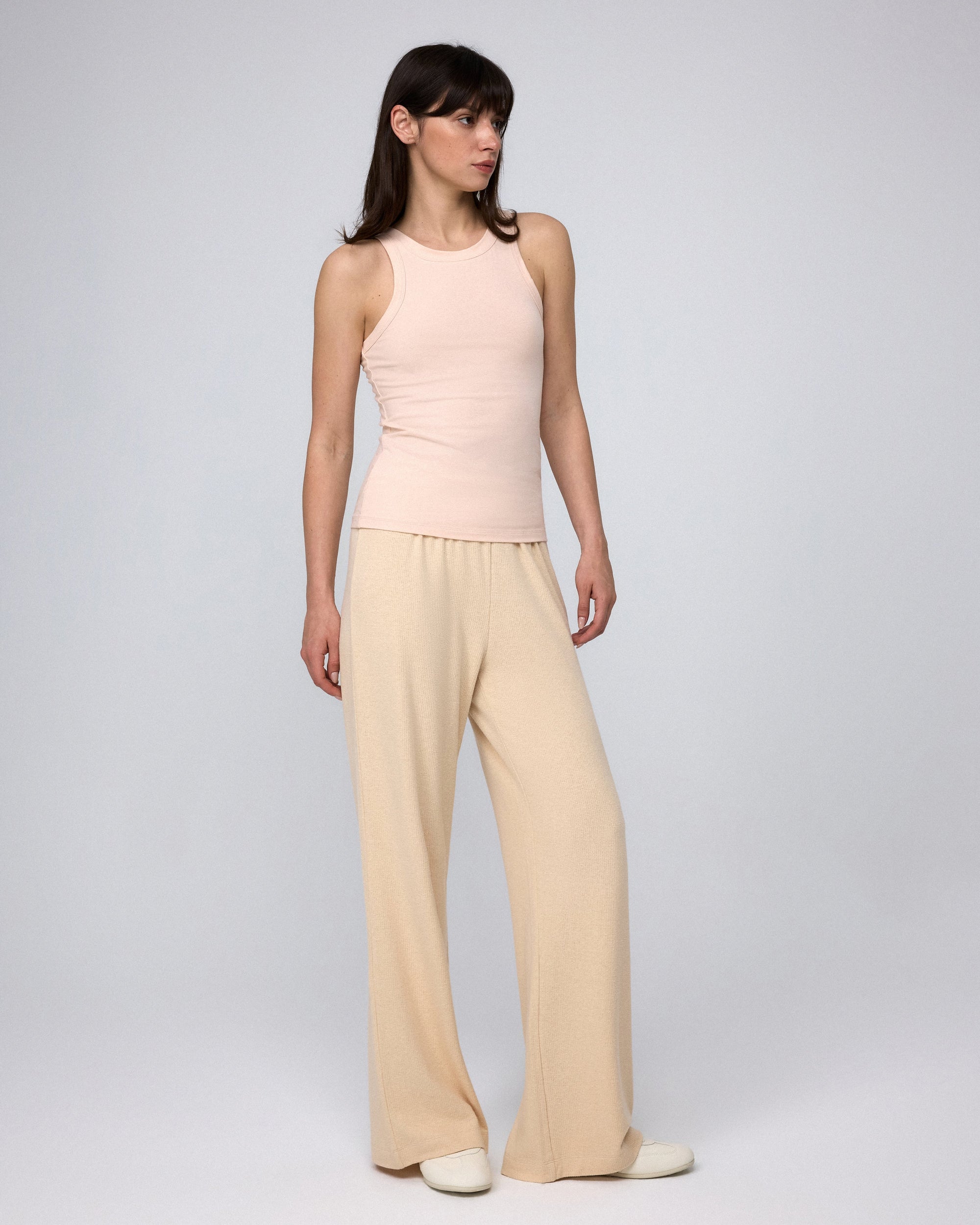 Juana Selene Lounge Pants tan (hemp–tencel–spandex) side view showing fluid full-length shape