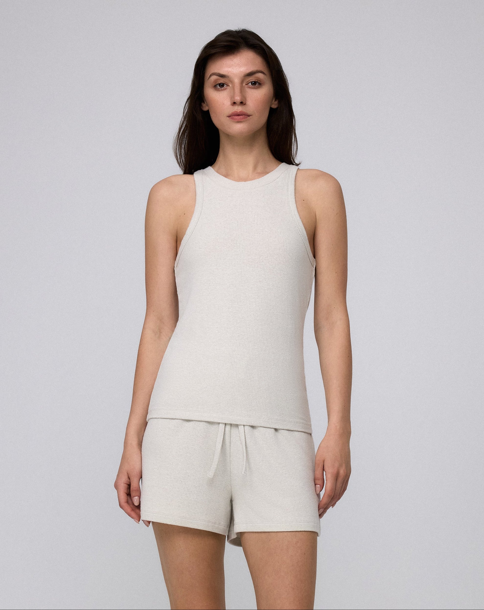 Juana Selene Shorts cement (hemp–tencel–spandex) styled look showing soft drape and rib knit texture