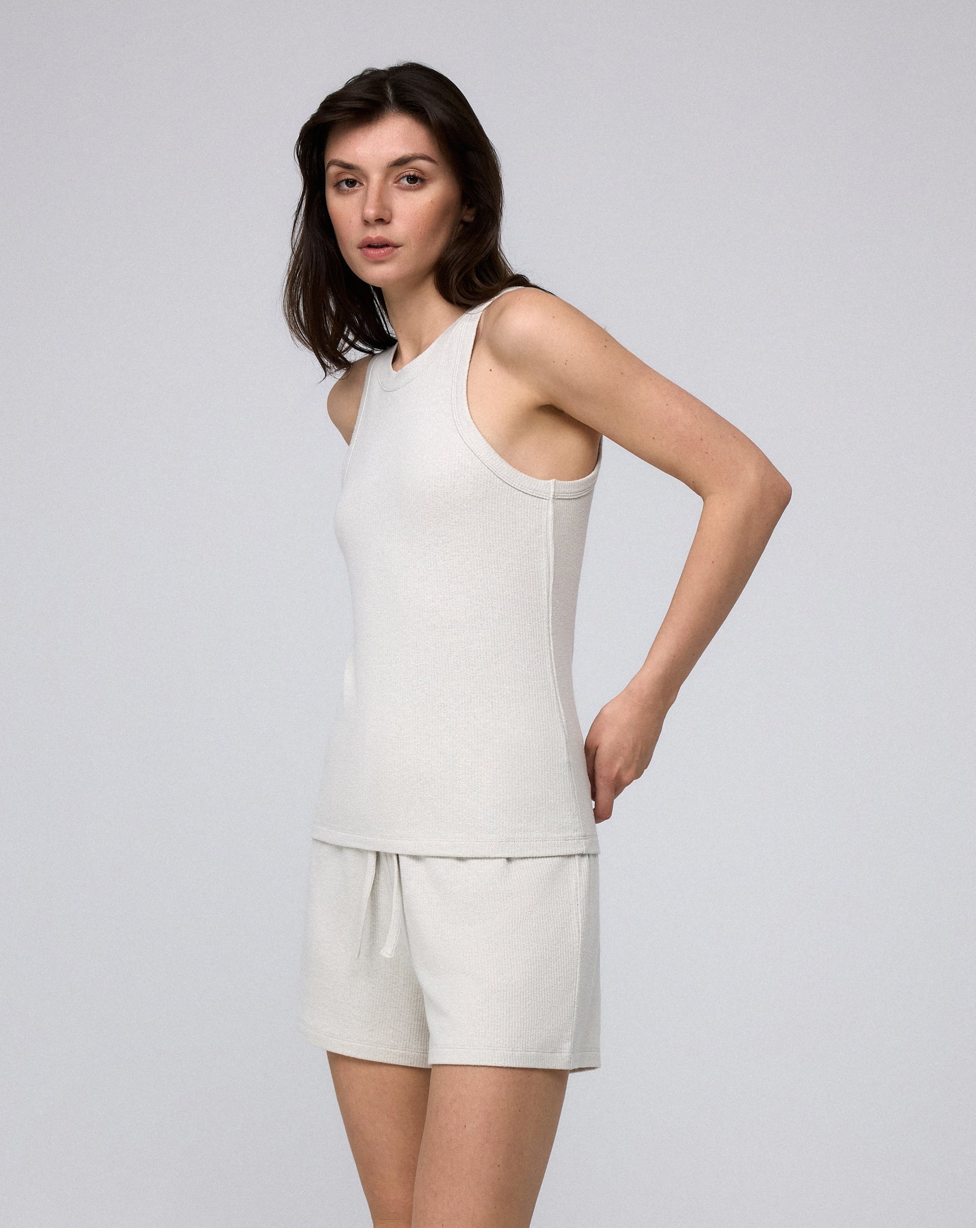 Juana Selene Shorts tan (hemp–tencel–spandex) styled look showing soft drape and rib knit texture