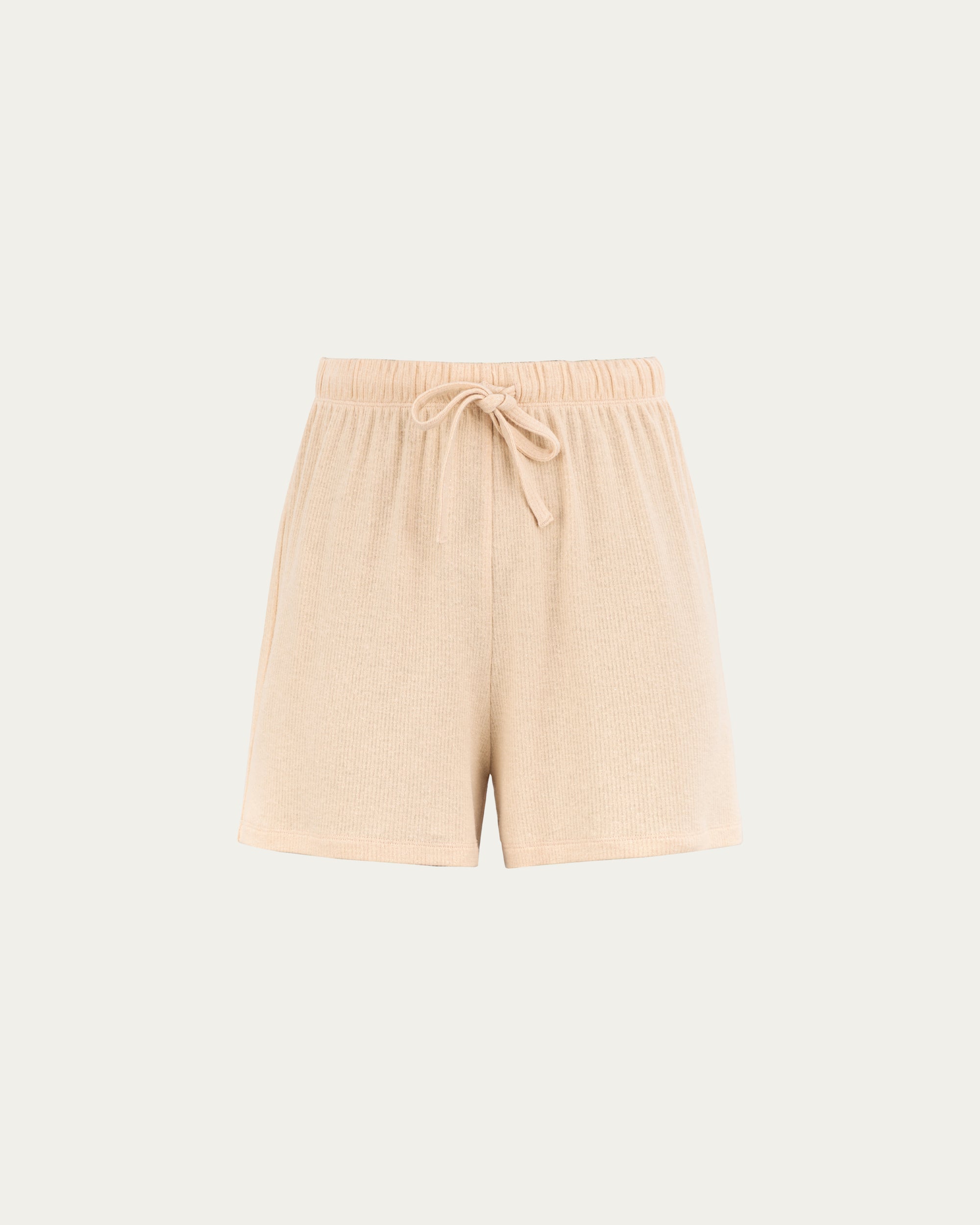 Juana Selene Shorts tan (hemp–tencel–spandex) ghost front view with elastic waistband and clean front