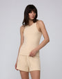 Juana Selene Shorts tan (hemp–tencel–spandex) styled look showing soft drape and rib knit texture