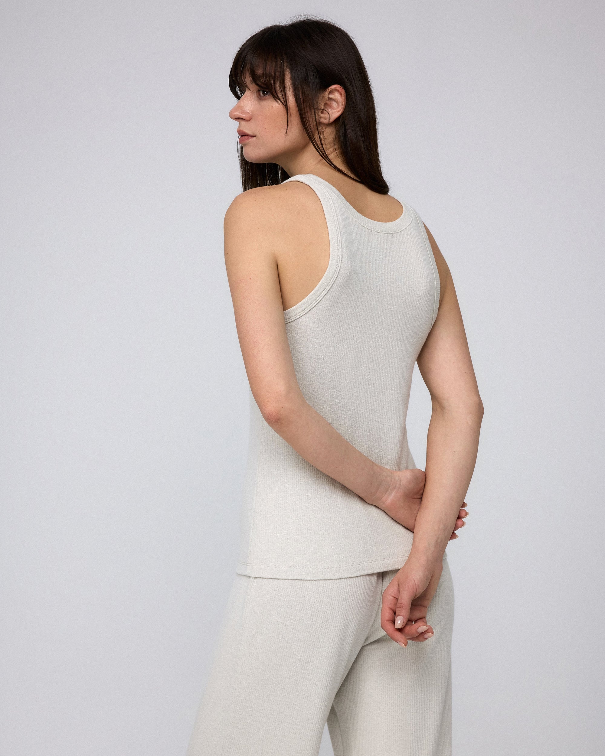 Juana Selene Tank cement (hemp–Tencel) model back view with clean silhouette