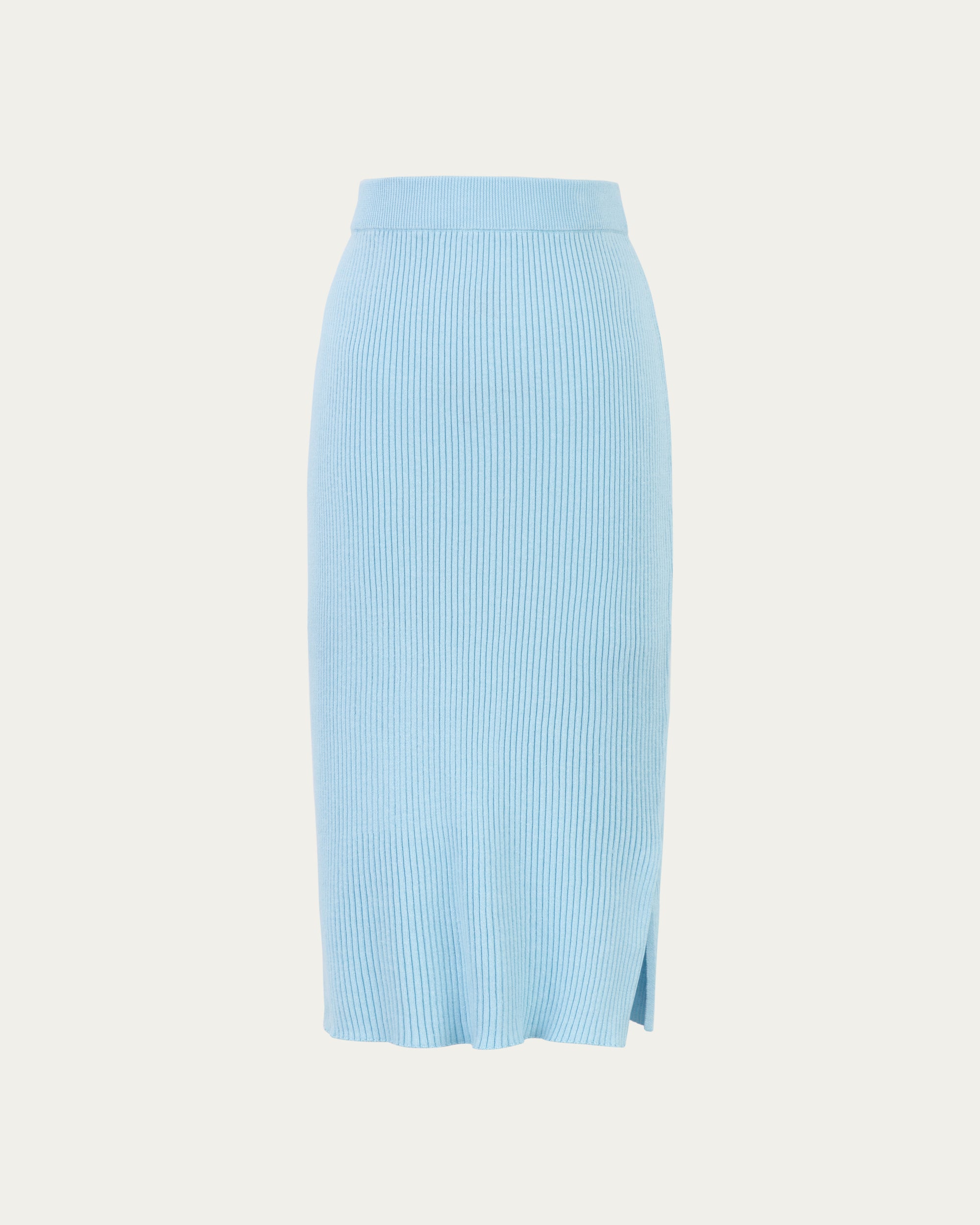 Juana Sera Rib Knit Skirt blue (sustainable hemp–cotton) ghost front showing pull-on waist and side slit

