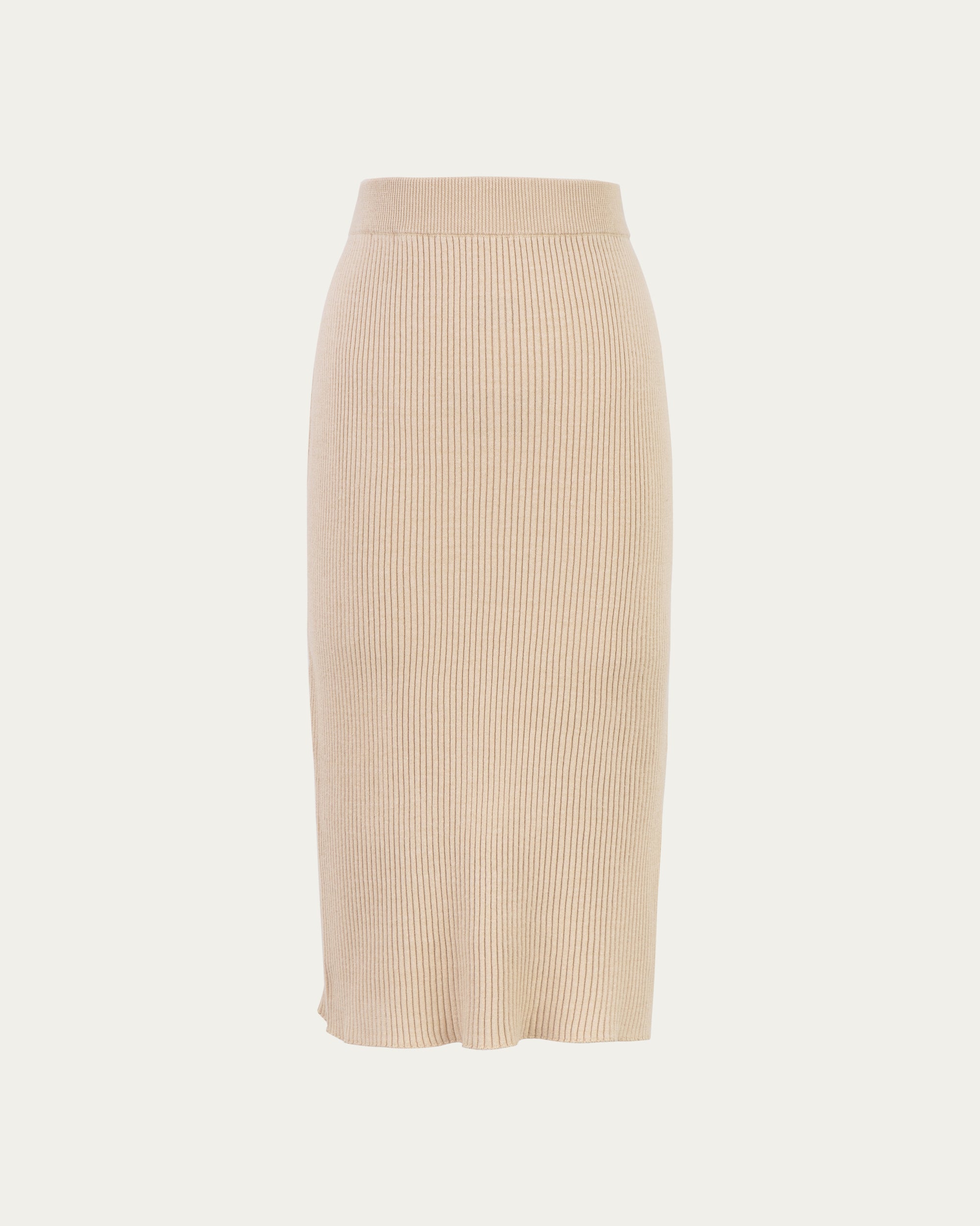 Juana Sera Rib Knit Skirt tan (sustainable hemp–cotton) ghost front showing pull-on waist and side slit