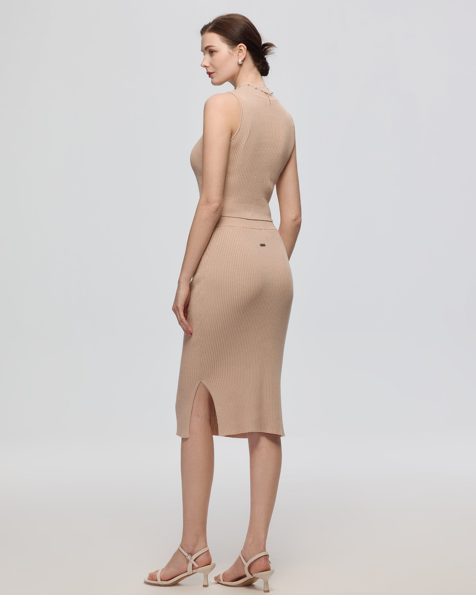 Juana Sera Rib Knit Skirt tan (sustainable hemp–cotton) back view showing smooth pull-on waist and clean line