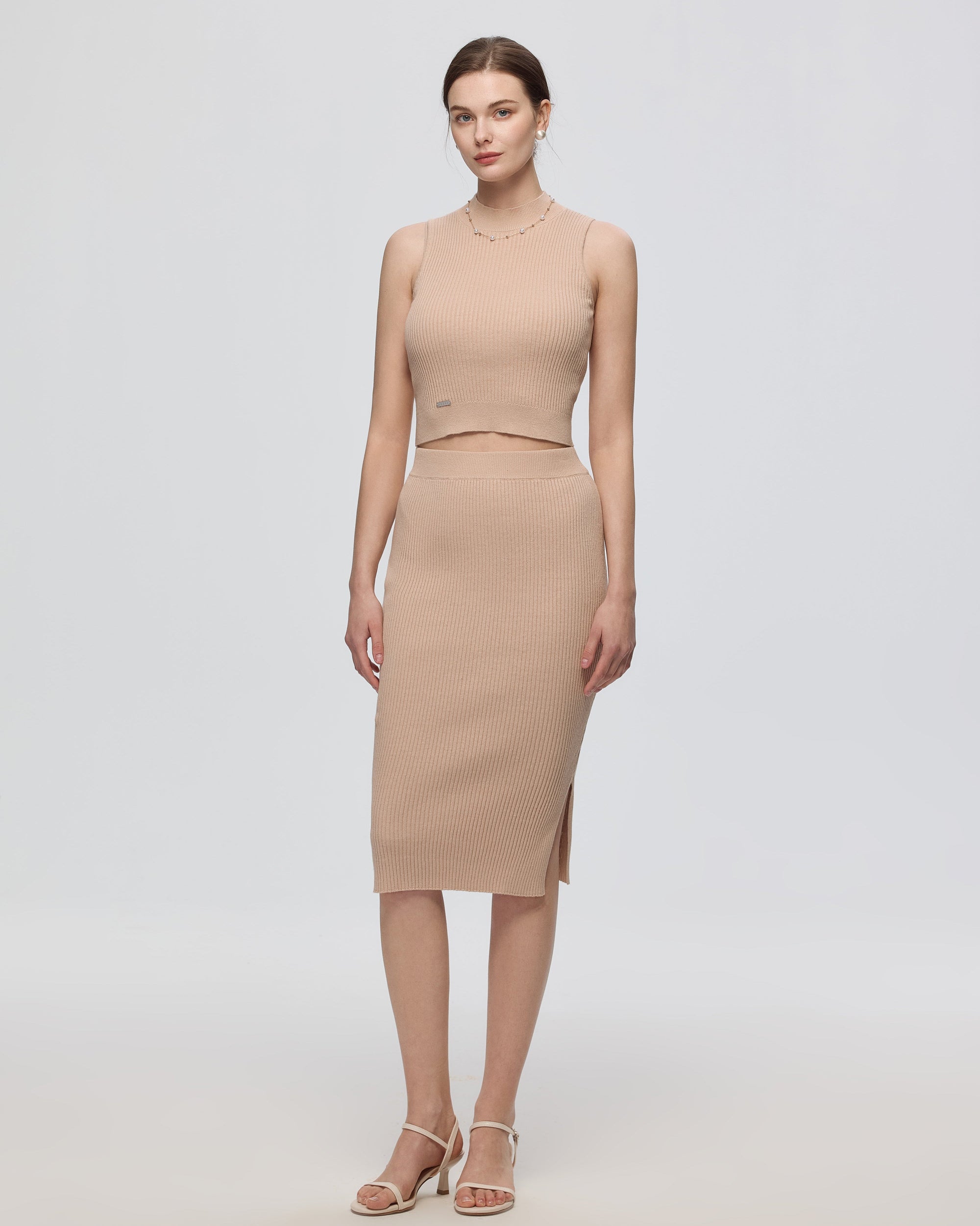 Juana Sera Rib Knit Skirt tan (sustainable hemp–cotton) complete look showing set-ready styling and streamlined silhouette