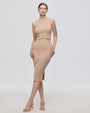Juana Sera Rib Knit Skirt tan (sustainable hemp–cotton) on model showing body-skimming fit and rib knit texture