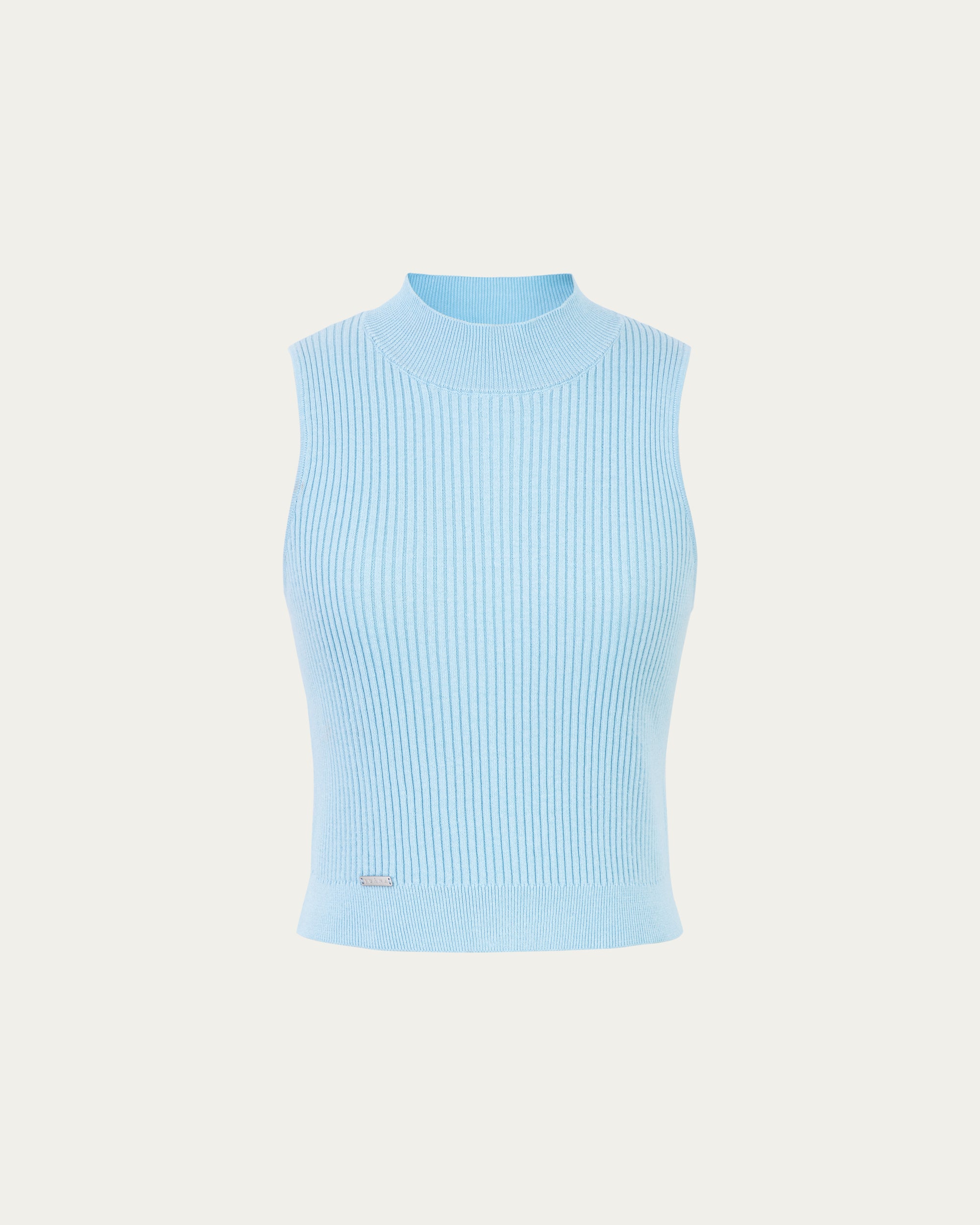 Juana Sera Rib Knit Tank blue (hemp–cotton) ghost front showing body-skimming silhouette and half-mock neck