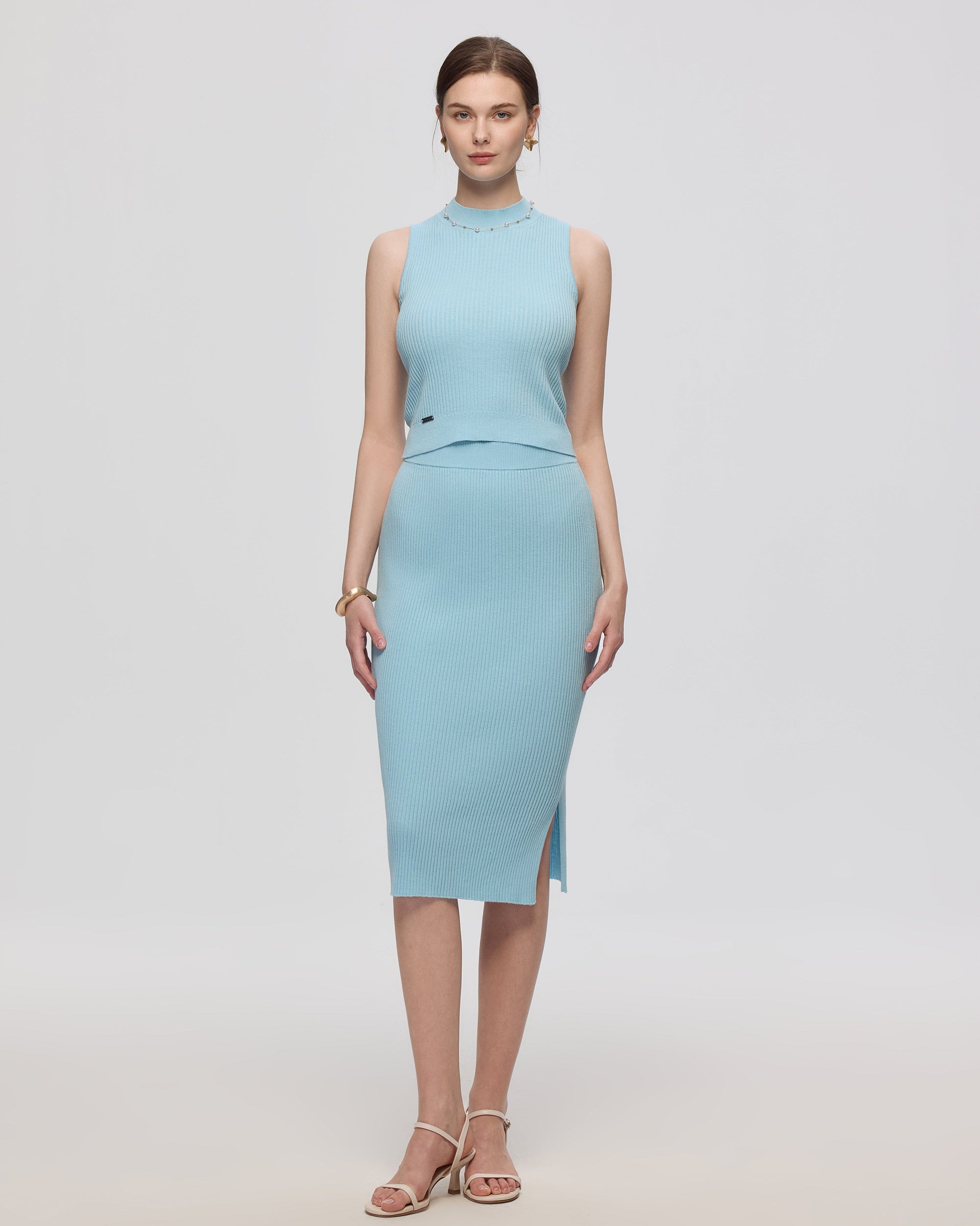 Juana Sera Rib Knit Tank blue (hemp–cotton) complete outfit showing polished minimal styling