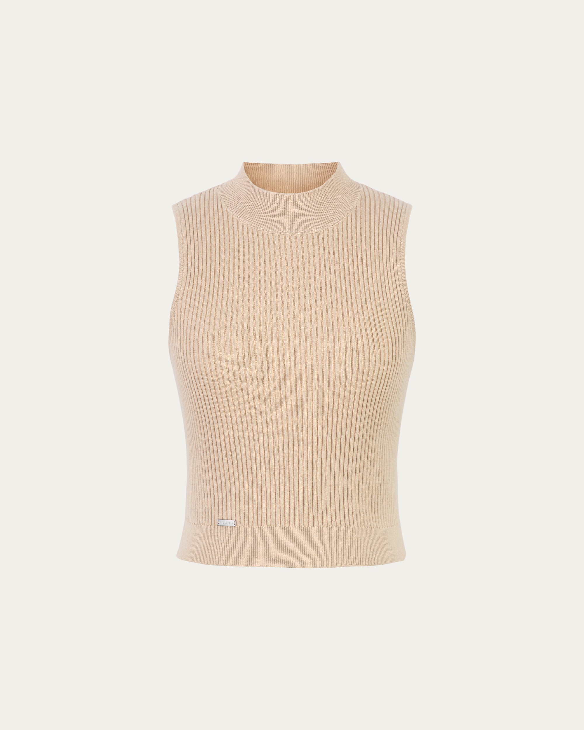 Juana Sera Rib Knit Tank tan (hemp–cotton) ghost front showing body-skimming silhouette and half-mock neck