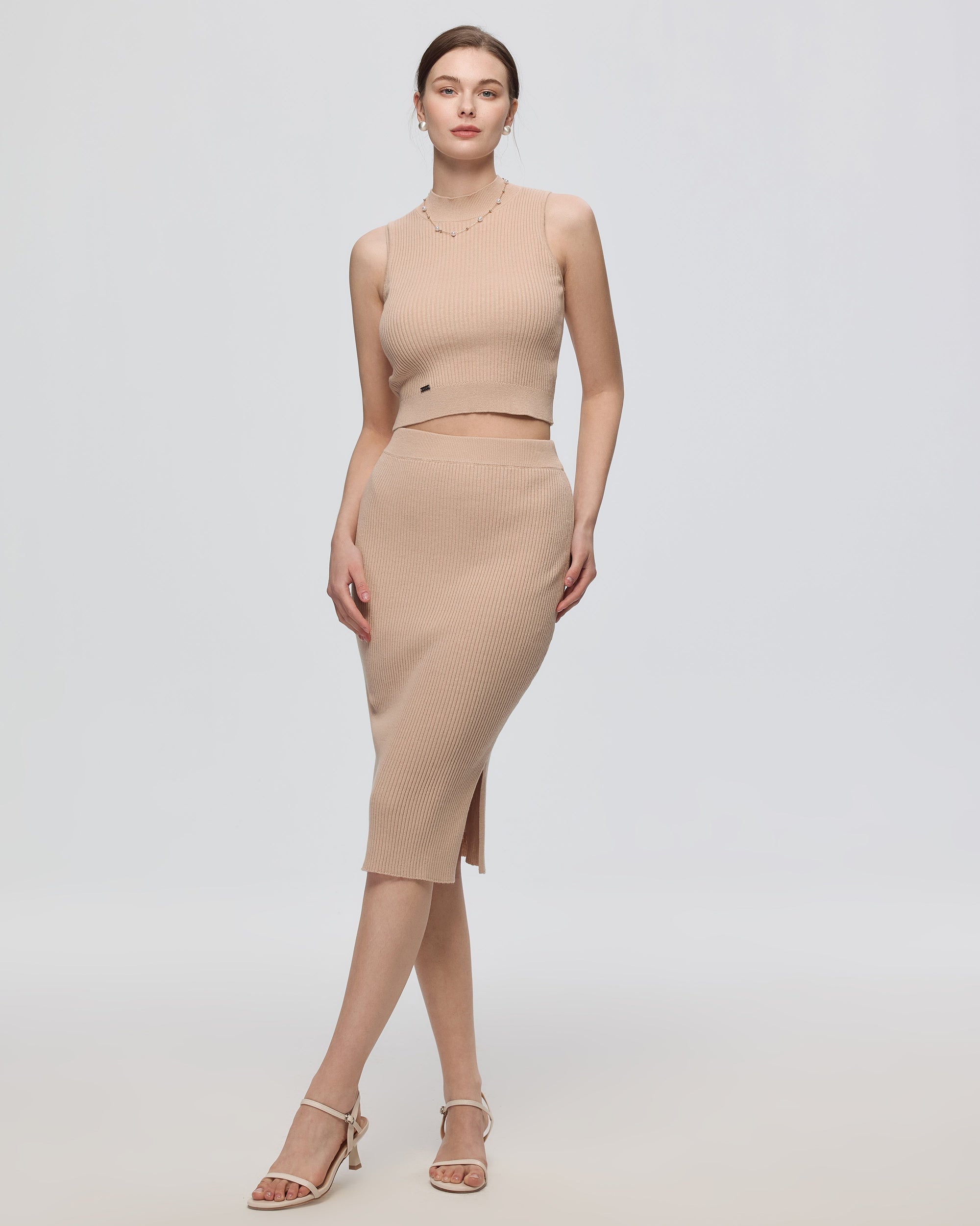 Juana Sera Rib Knit Tank tan (hemp–cotton) complete outfit showing polished minimal styling