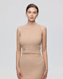 Juana Sera Rib Knit Tank tan (hemp–cotton) on model showing high neckline and streamlined fit
