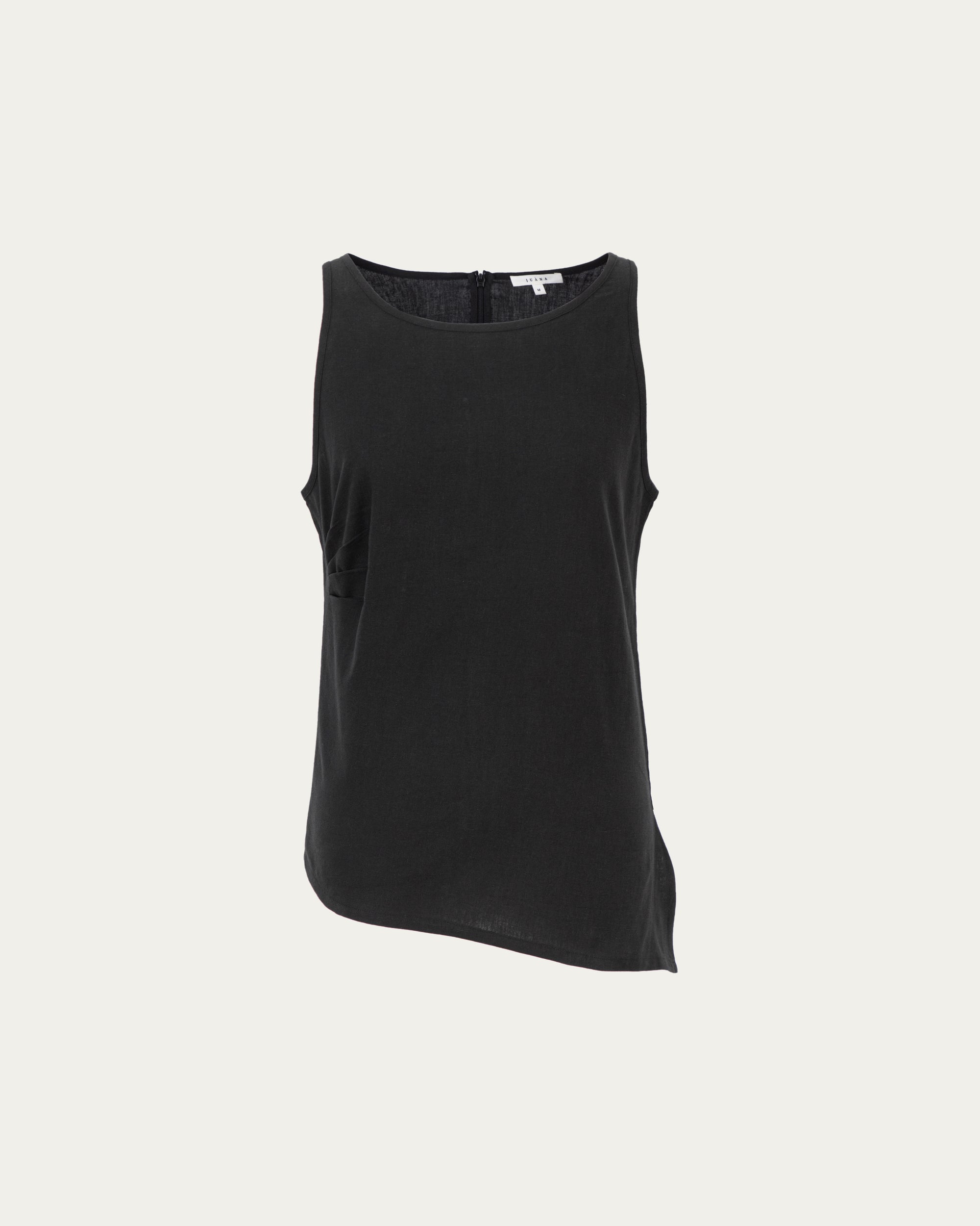 Juana Sienna Pleated Tank black (hemp–cotton) ghost front showing clean neckline and pleated panel