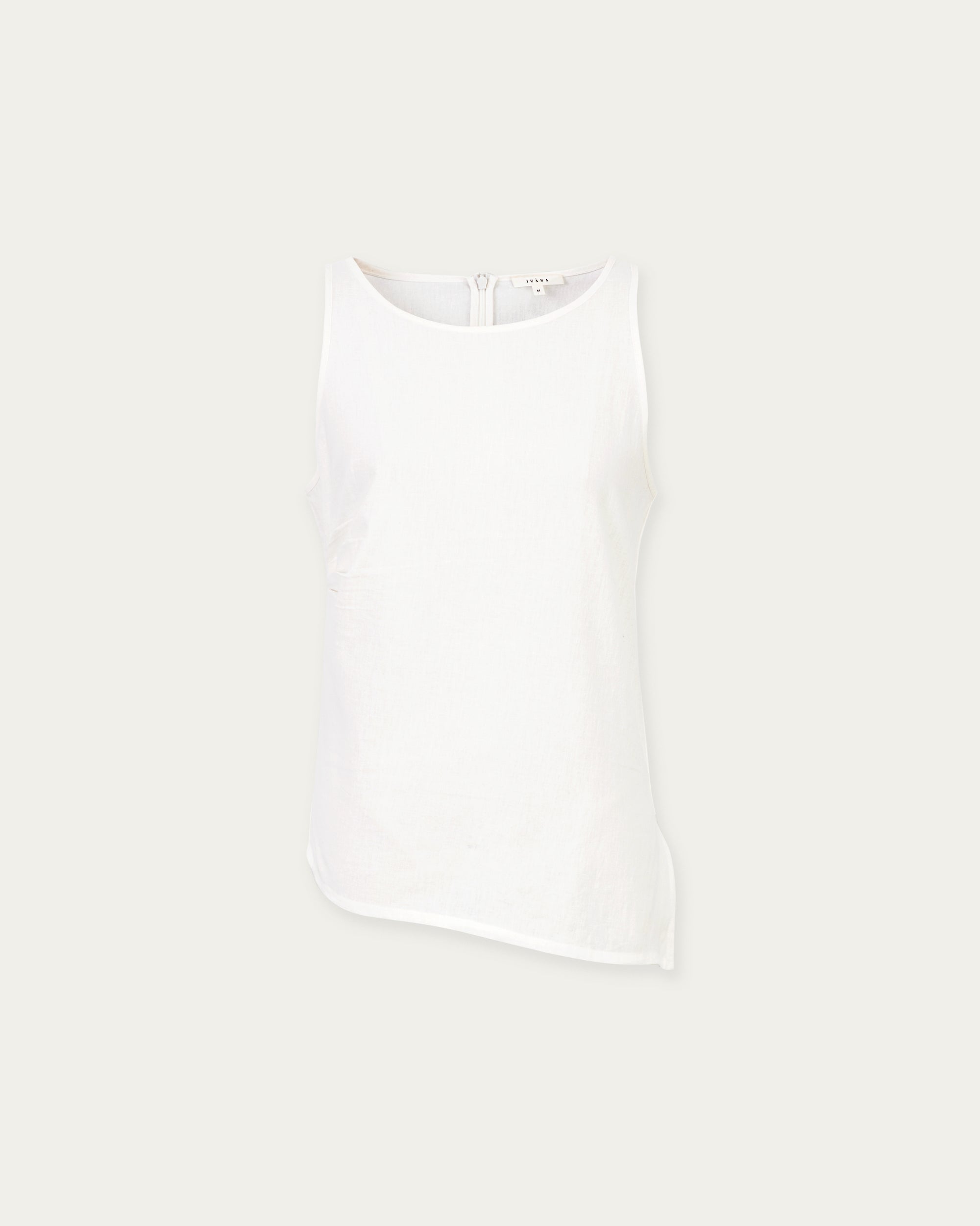 Juana Sienna Pleated Tank white (hemp–cotton) ghost front showing clean neckline and pleated panel