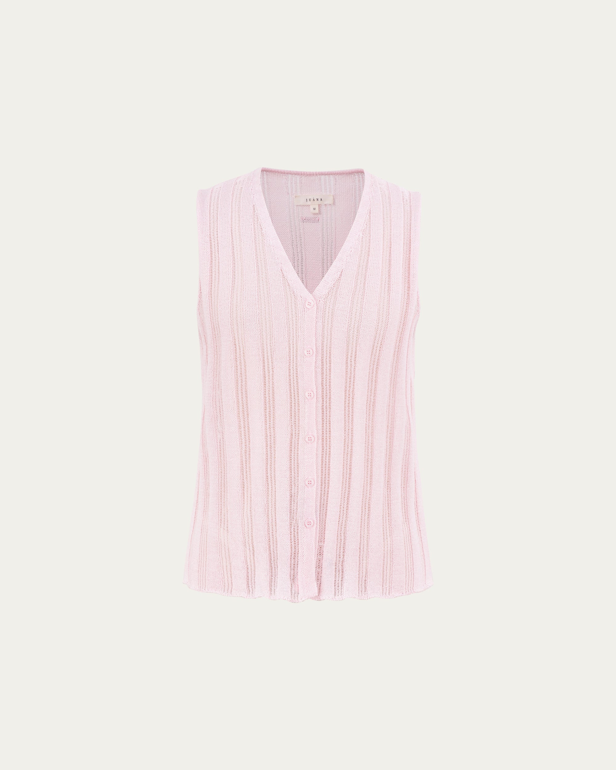 Juana Sumire Open Knit Button Front Tank light pink (cotton–cellulose–rayon blend) ghost front view with form-fitting silhouette