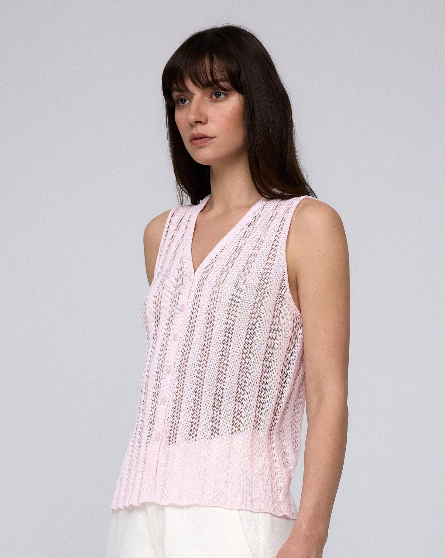 Juana Sumire Open Knit Button Front Tank light pink (cotton–cellulose–rayon blend) model look 1 with fitted silhouette