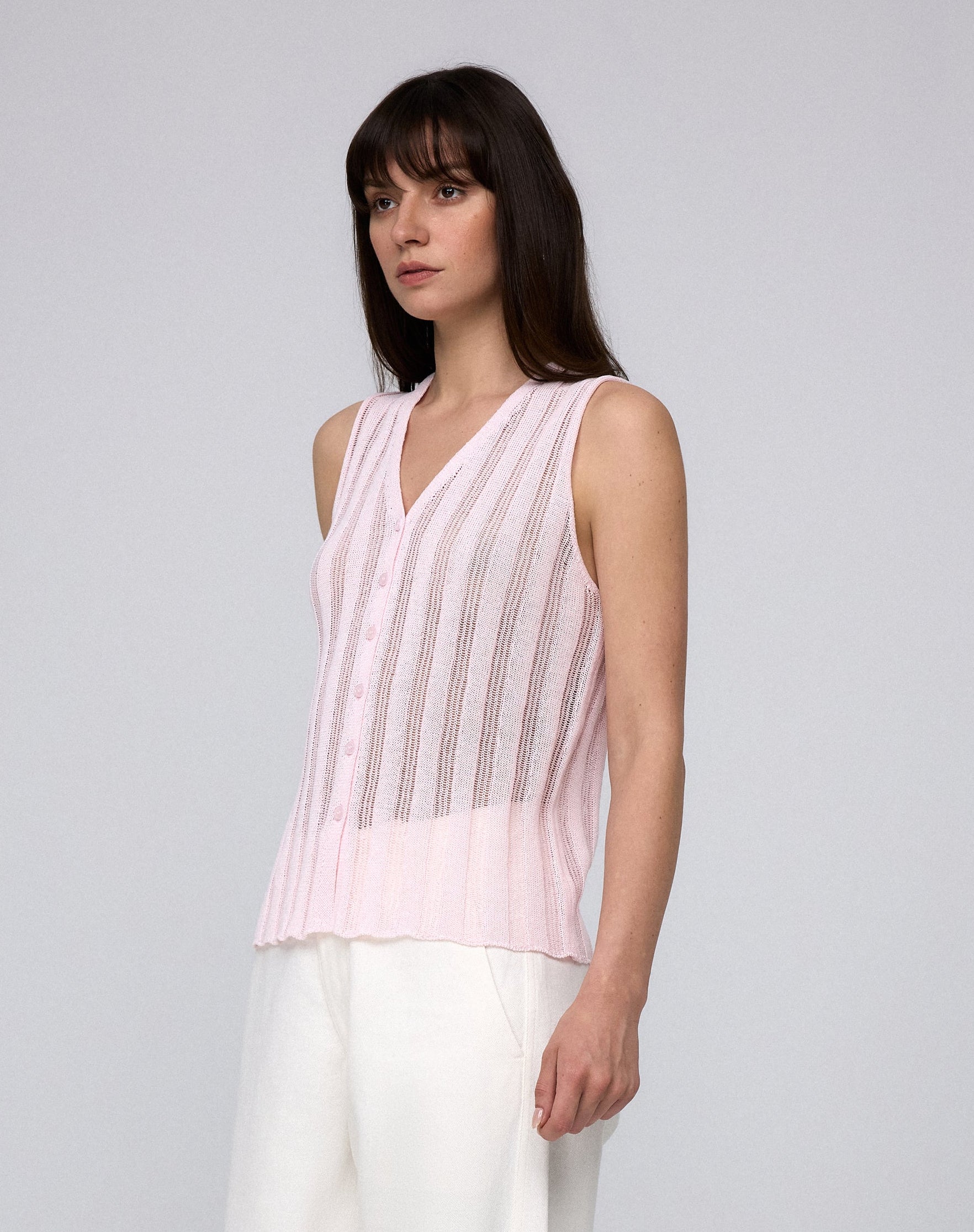 Juana Sumire Open Knit Button Front Tank light pink (cotton–cellulose–rayon blend) model look 1 with fitted silhouette