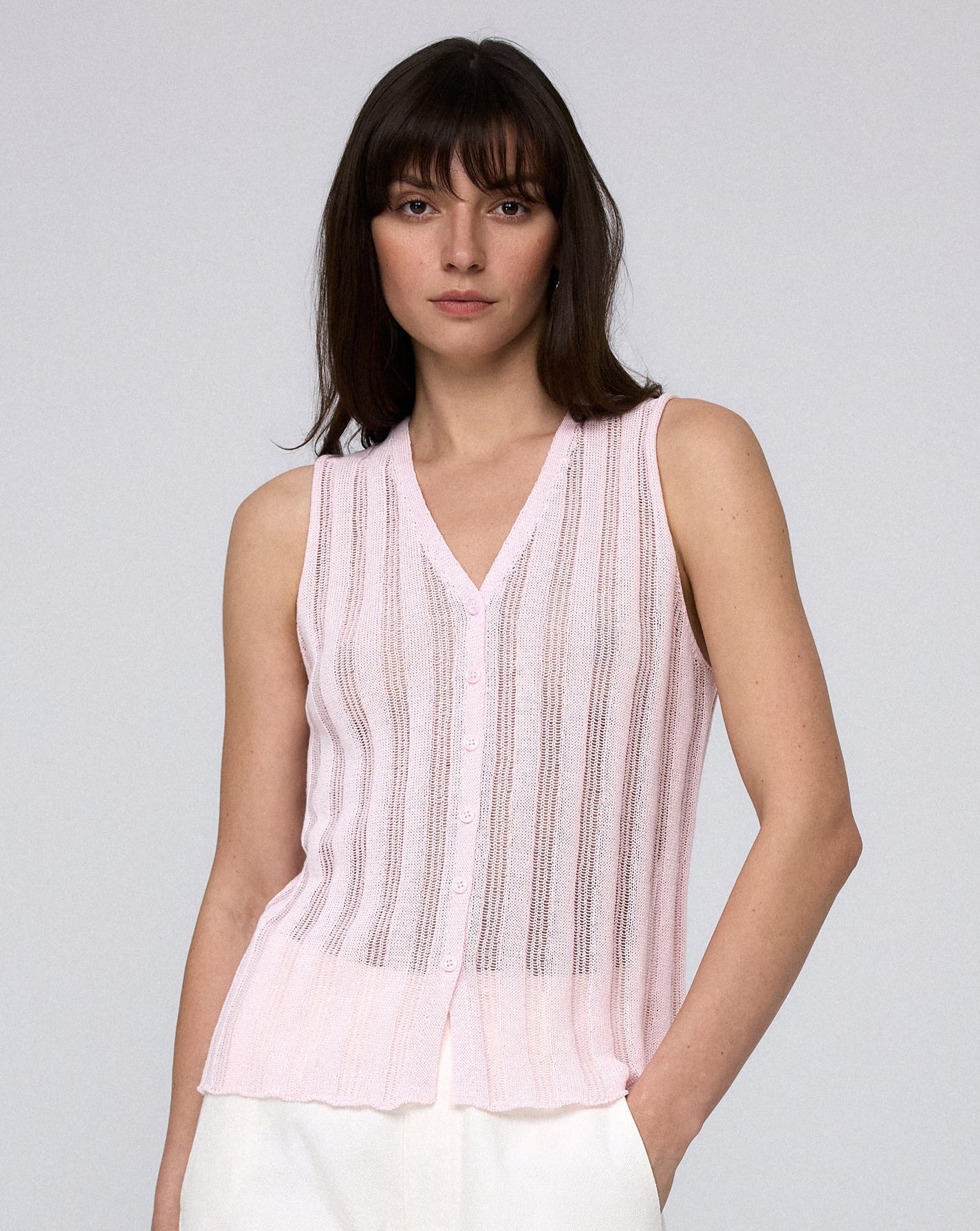 Juana Sumire Open Knit Button Front Tank light pink (cotton–cellulose–rayon blend) model look 2 with open knit texture
