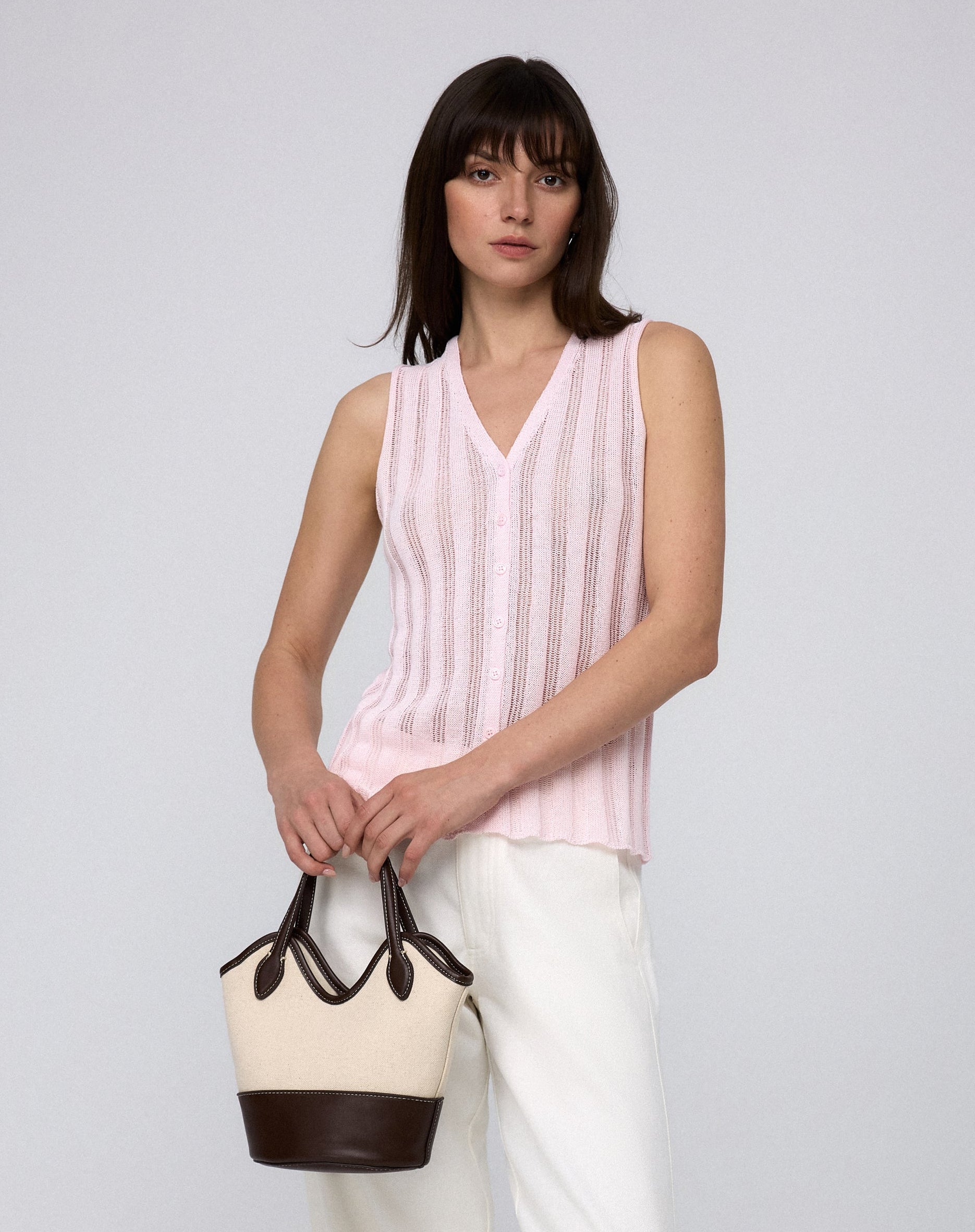 Juana Sumire Open Knit Button Front Tank light pink (cotton–cellulose–rayon blend) model main view with button front
