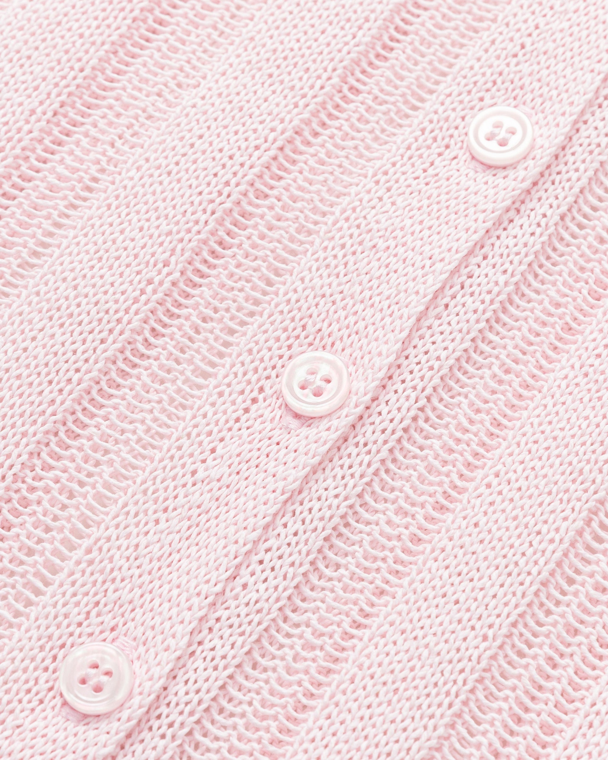 Juana Sumire Open Knit Button Front Tank light pink (cotton–cellulose–rayon blend) textile close-up with open knit construction