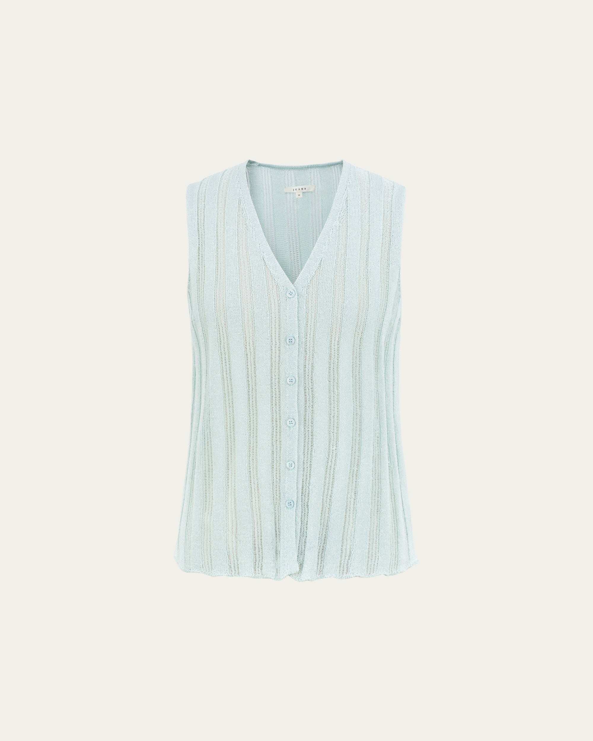 Juana Sumire Open Knit Button Front Tank seafoam (cotton–cellulose–rayon blend) ghost front view with form-fitting silhouette