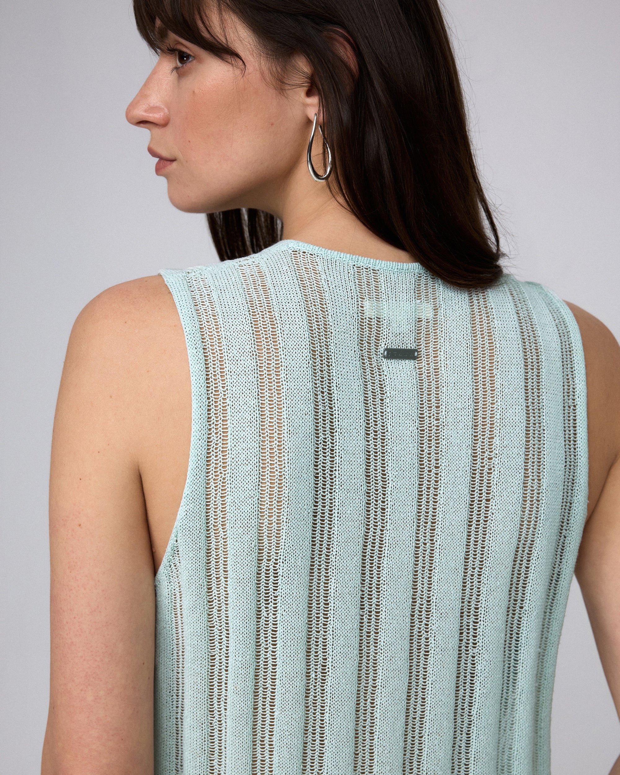 Juana Sumire Open Knit Button Front Tank seafoam (cotton–cellulose–rayon blend) model back view with fitted shape