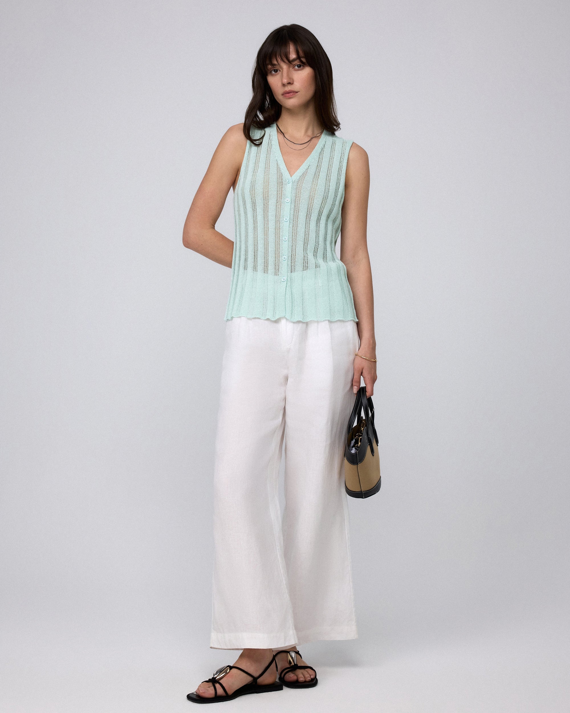Juana Sumire Open Knit Button Front Tank seafoam (cotton–cellulose–rayon blend) model look 1 with fitted silhouette