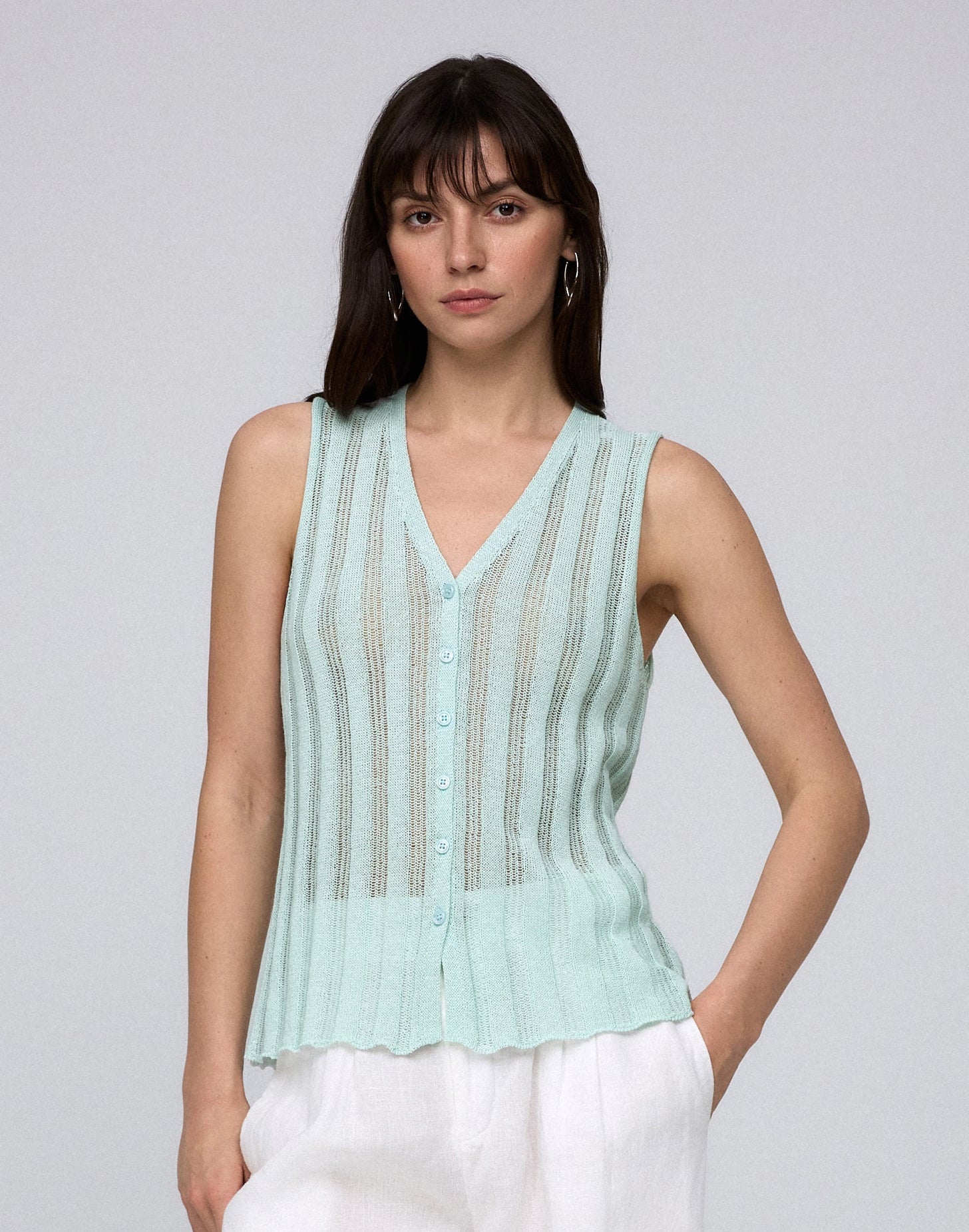 Juana Sumire Open Knit Button Front Tank seafoam (cotton–cellulose–rayon blend) model look 2 with open knit texture