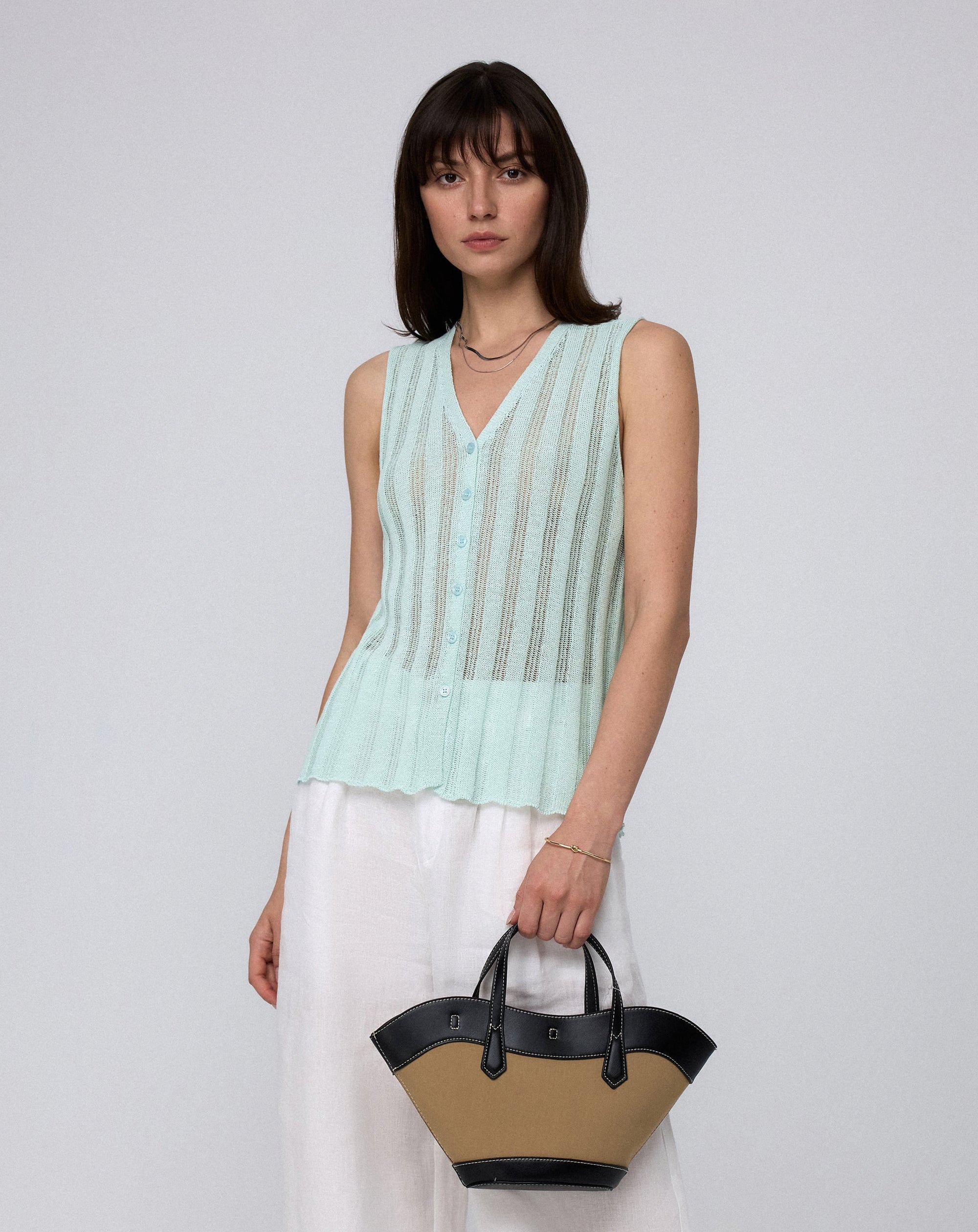 Juana Sumire Open Knit Button Front Tank seafoam (cotton–cellulose–rayon blend) model main view with button front