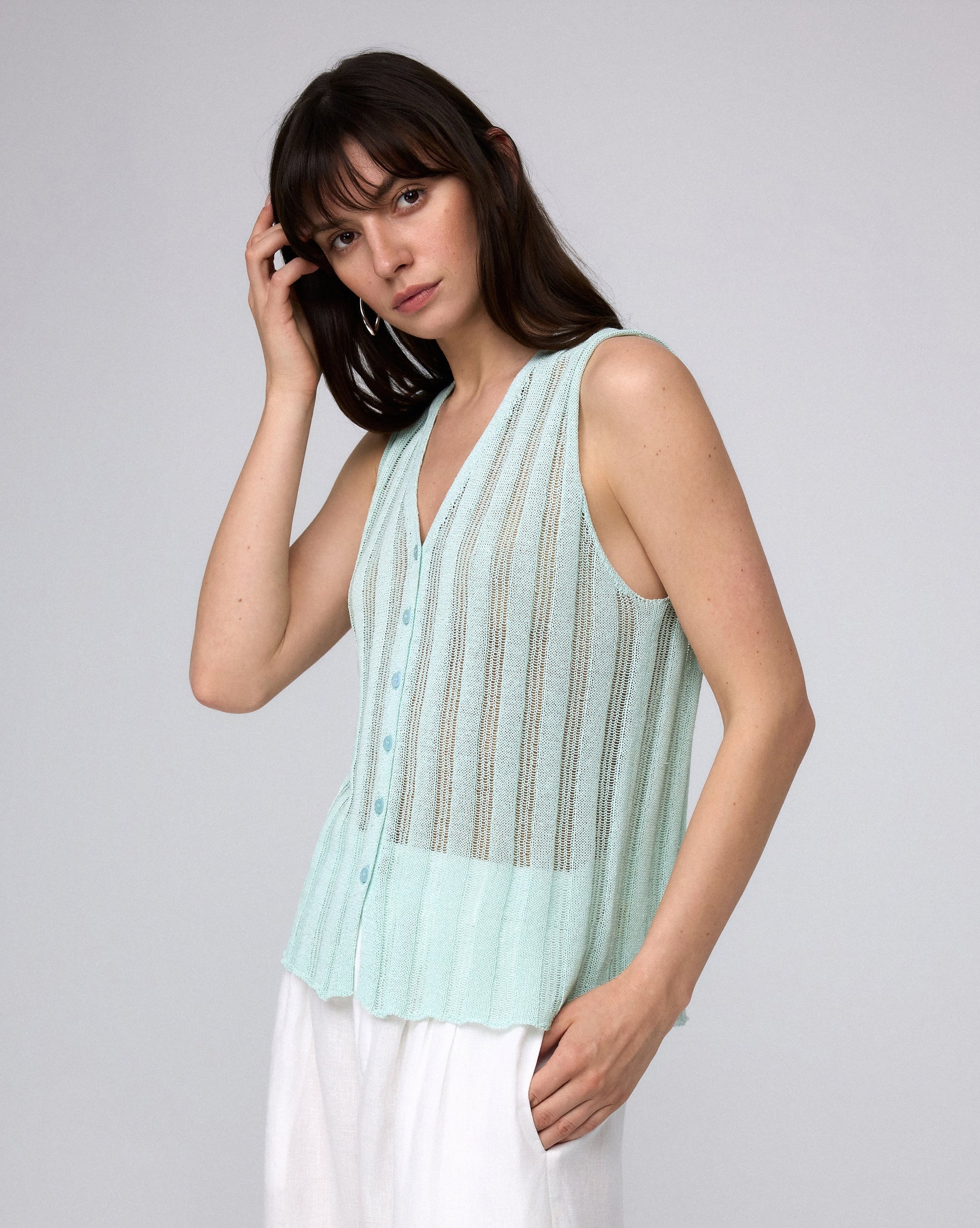 Juana Sumire Open Knit Button Front Tank seafoam (cotton–cellulose–rayon blend) model side view with close fit