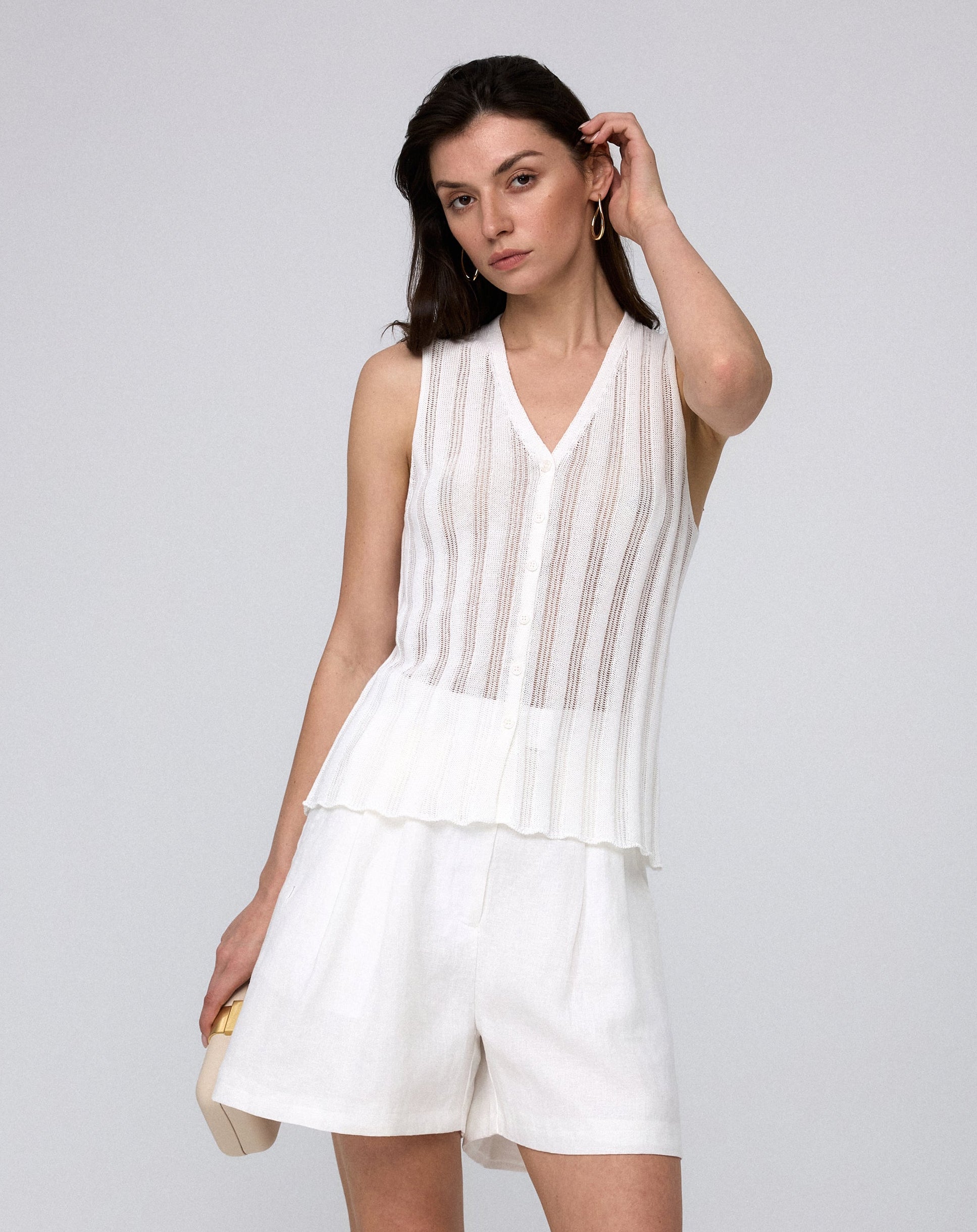 Juana Sumire Open Knit Button Front Tank white (cotton–cellulose–rayon blend) model look 1 with fitted silhouette