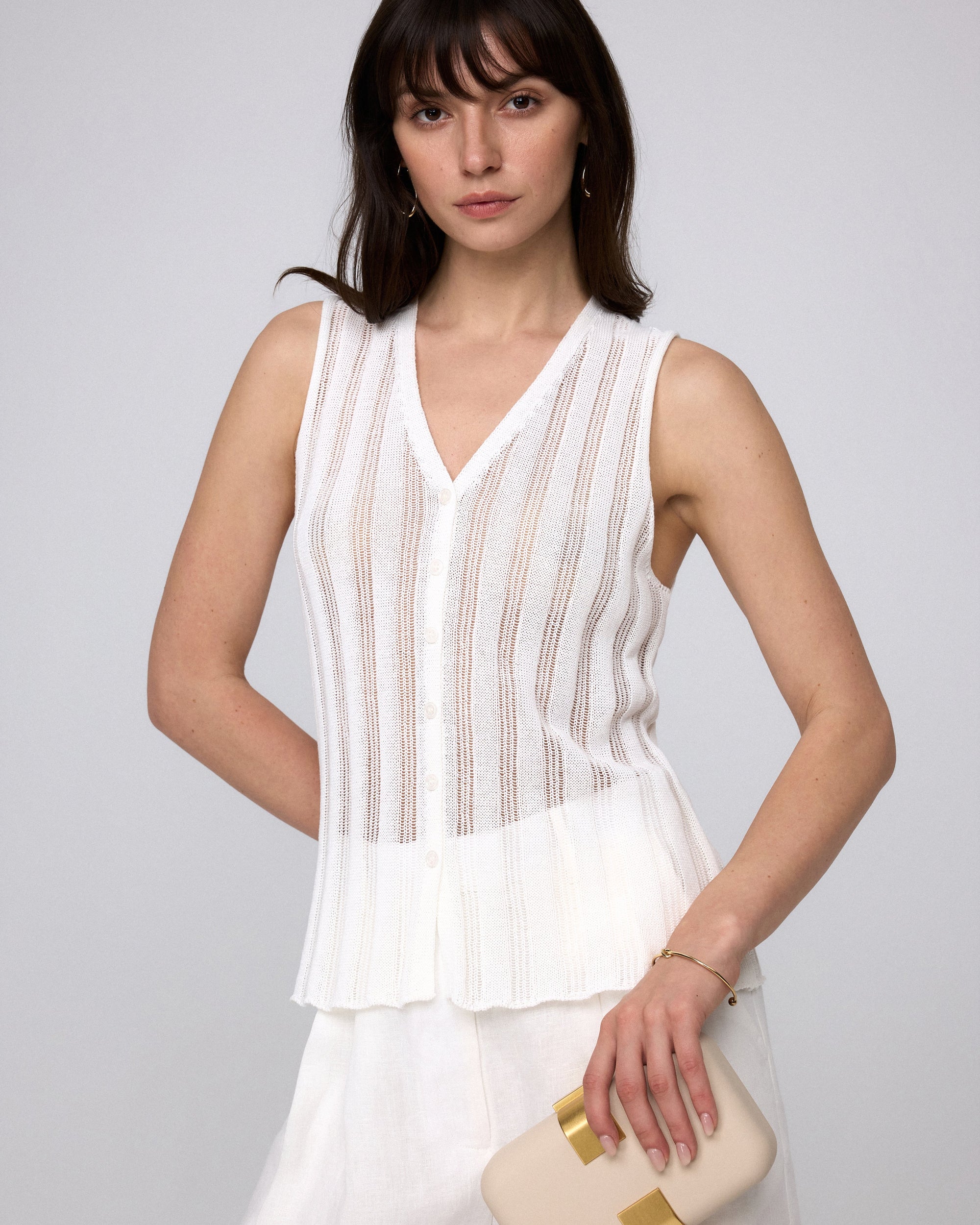 Juana Sumire Open Knit Button Front Tank white (cotton–cellulose–rayon blend) model look 2 with open knit texture