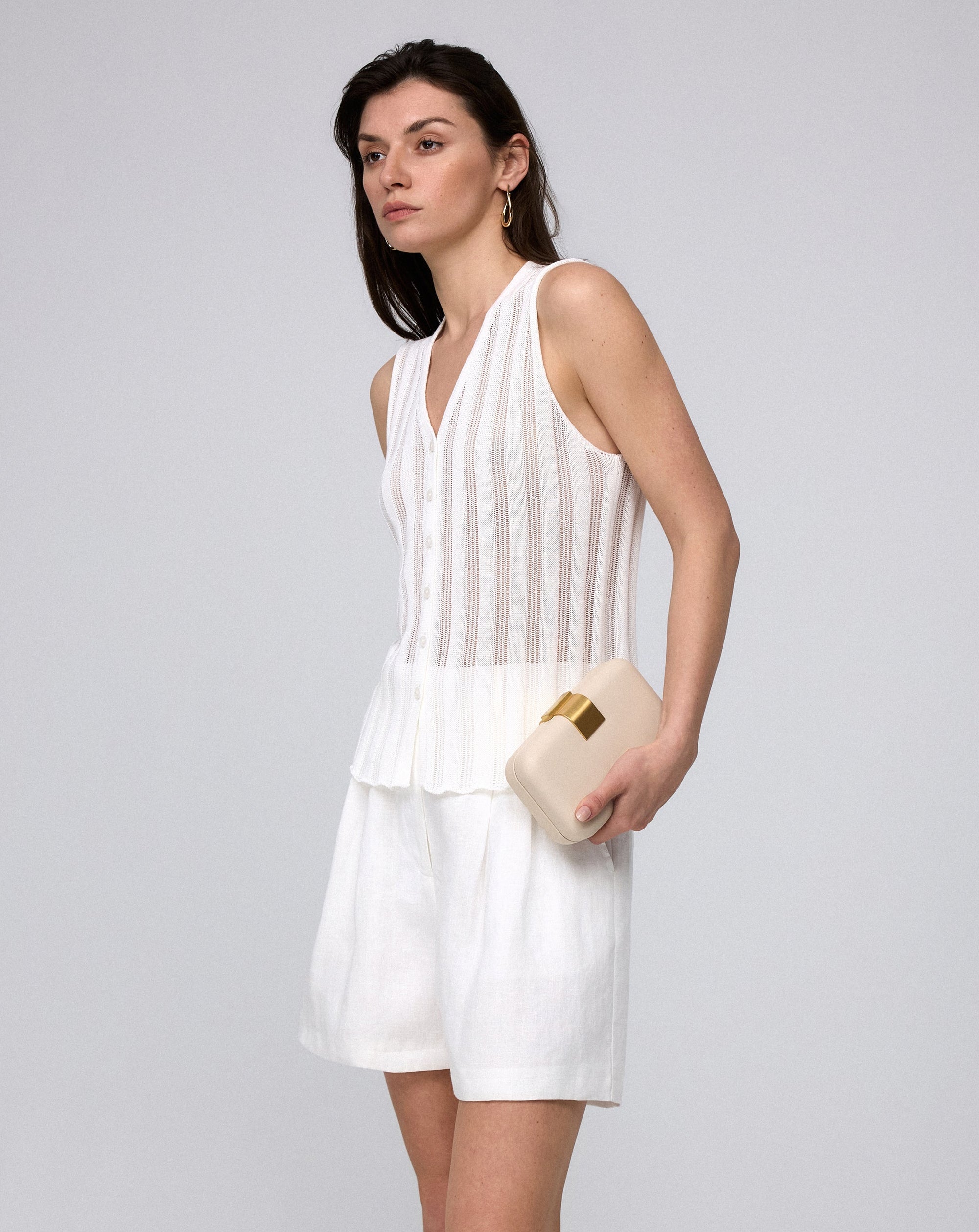 Juana Sumire Open Knit Button Front Tank white (cotton–cellulose–rayon blend) model side view with close fit