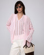 Juana Sumire Open Knit Striped Cardigan light pink (cotton–cellulose–rayon blend) model main view with relaxed fit