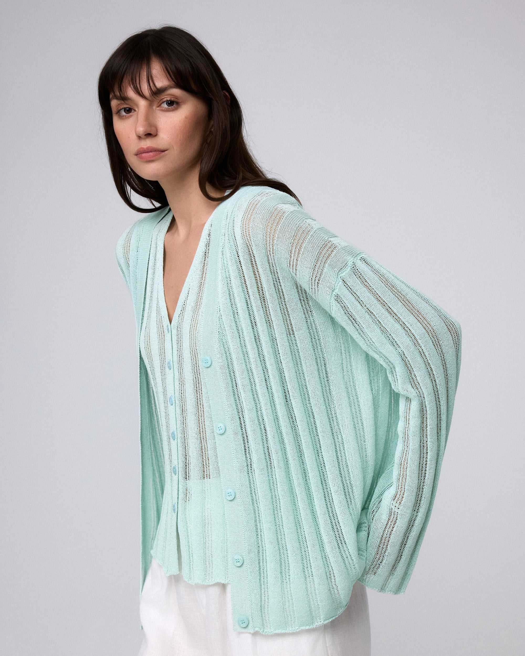 Juana Sumire Open Knit Striped Cardigan seafoam (cotton–cellulose–rayon blend) model look 1 showing lightweight layering