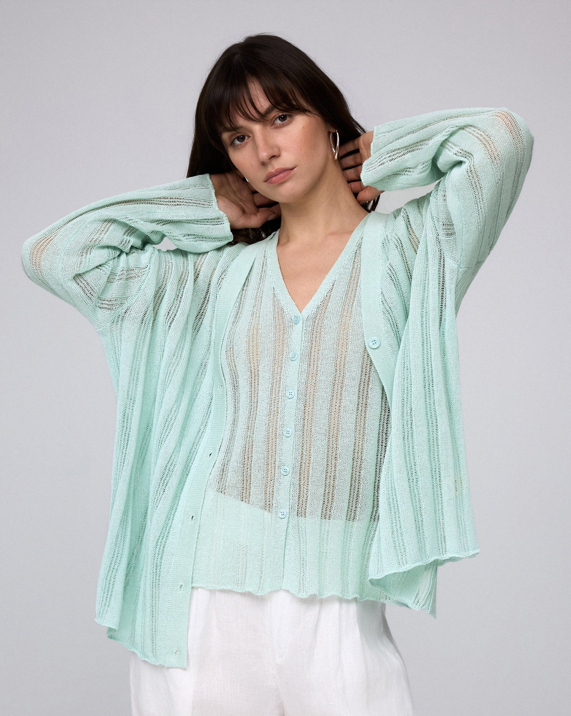 Juana Sumire Open Knit Striped Cardigan seafoam (cotton–cellulose–rayon blend) model main view with relaxed fit