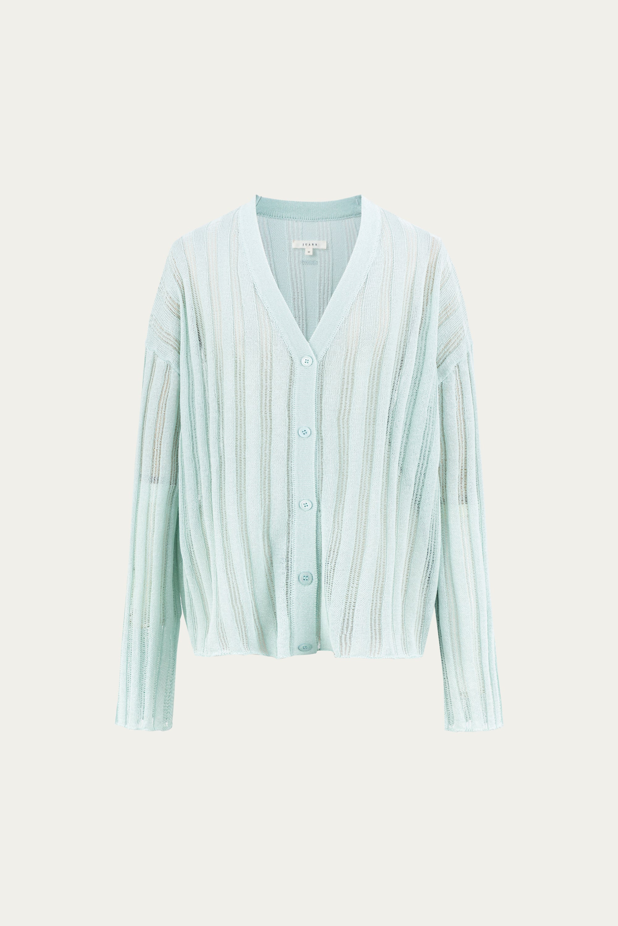 Juana Sumire Open Knit Striped Cardigan seafoam (cotton–cellulose–rayon blend) ghost front view with relaxed fit