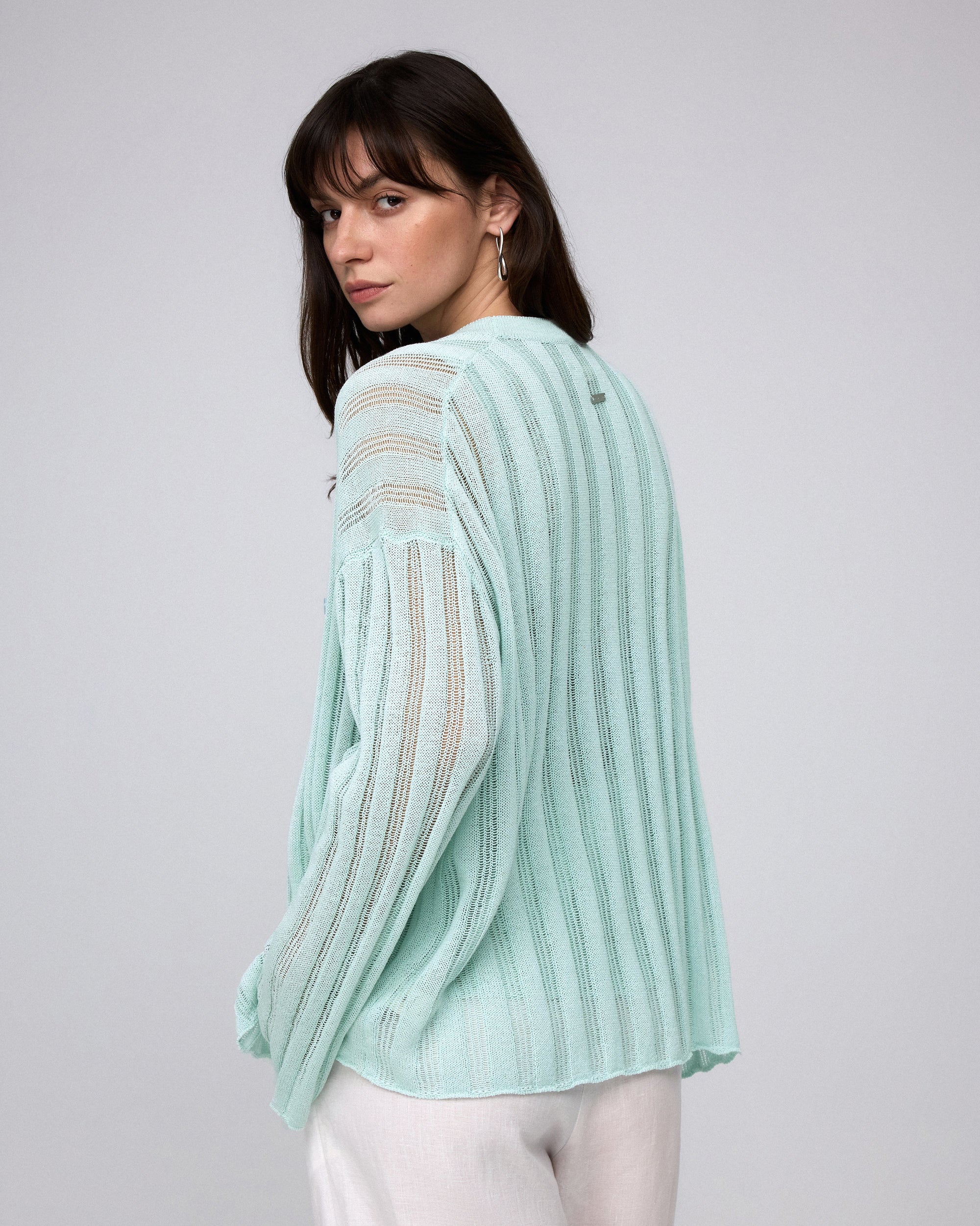 Juana Sumire Open Knit Striped Cardigan seafoam (cotton–cellulose–rayon blend) model back view with open knit construction