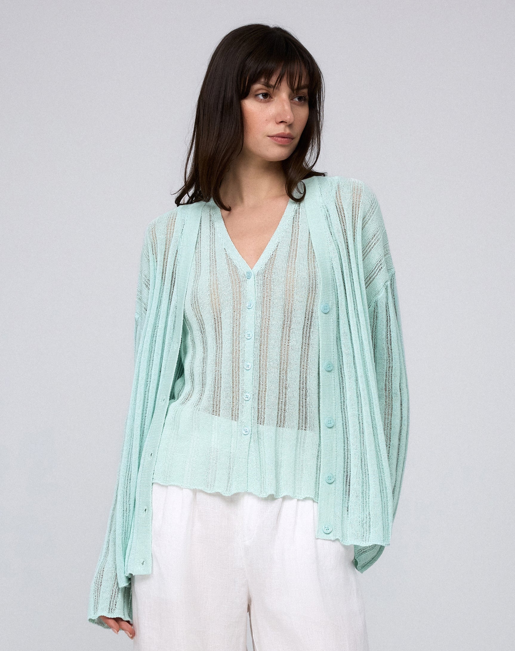 Juana Sumire Open Knit Striped Cardigan seafoam (cotton–cellulose–rayon blend) model look 2 highlighting dobby stripe texture