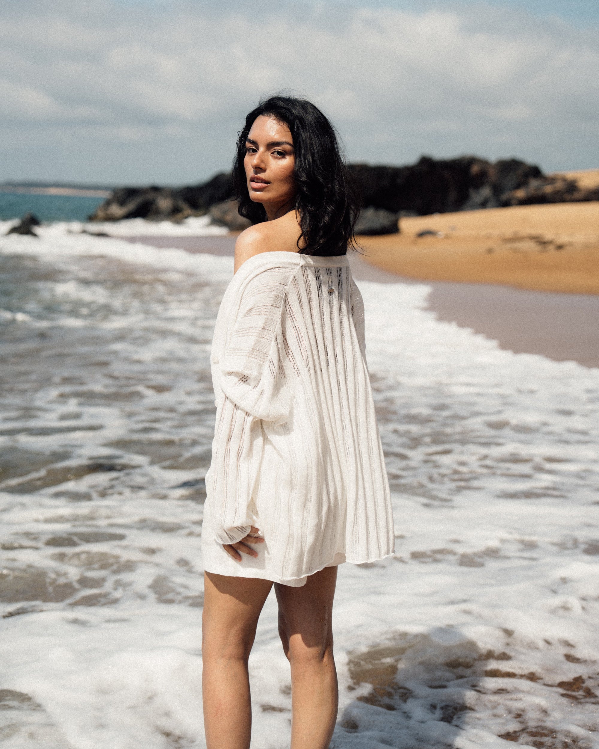 Juana Sumire Open Knit Striped Cardigan white (cotton–cellulose–rayon blend) lifestyle view at farmhouse with relaxed layering