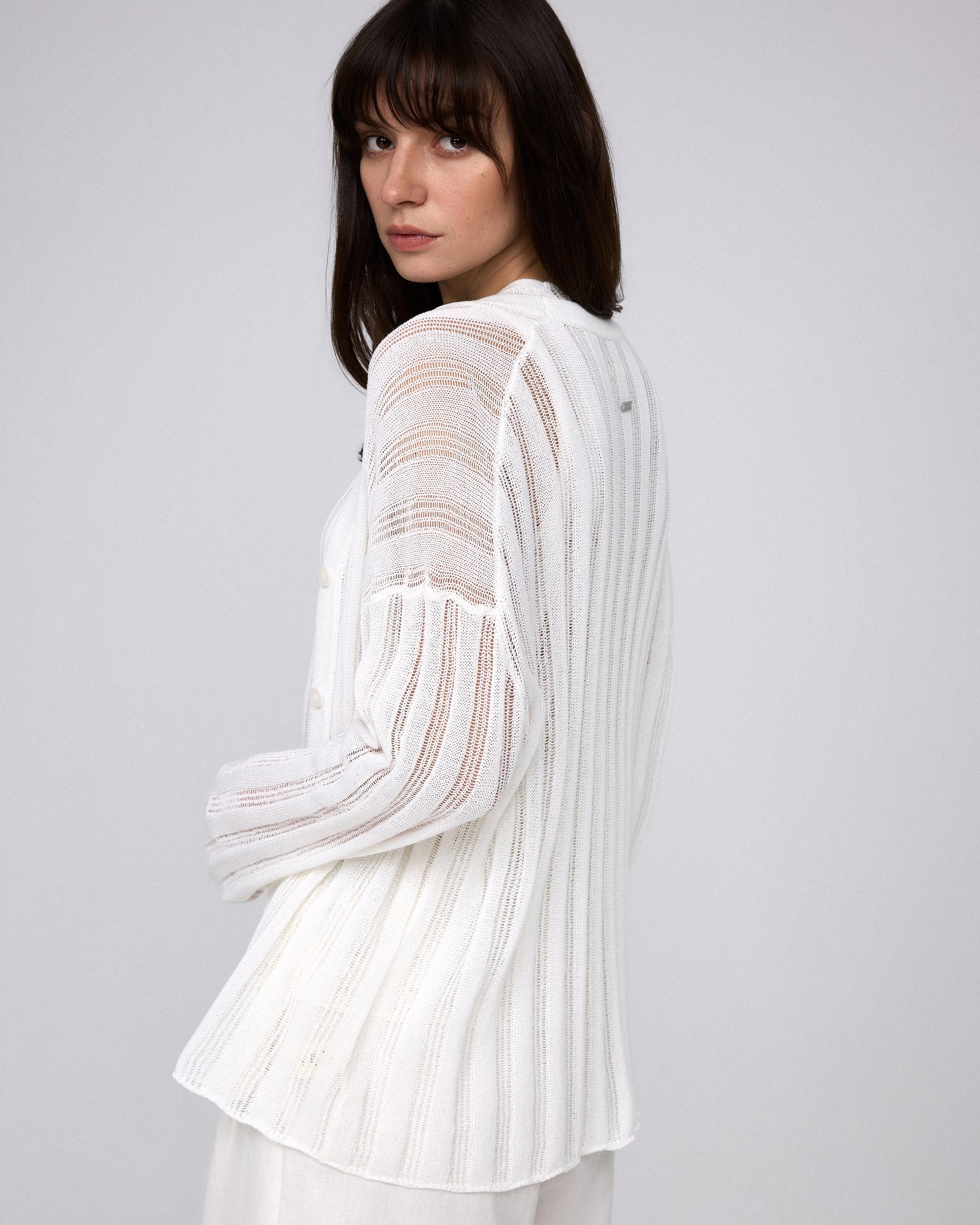 Juana Sumire Open Knit Striped Cardigan white (cotton–cellulose–rayon blend) model back view with open knit construction