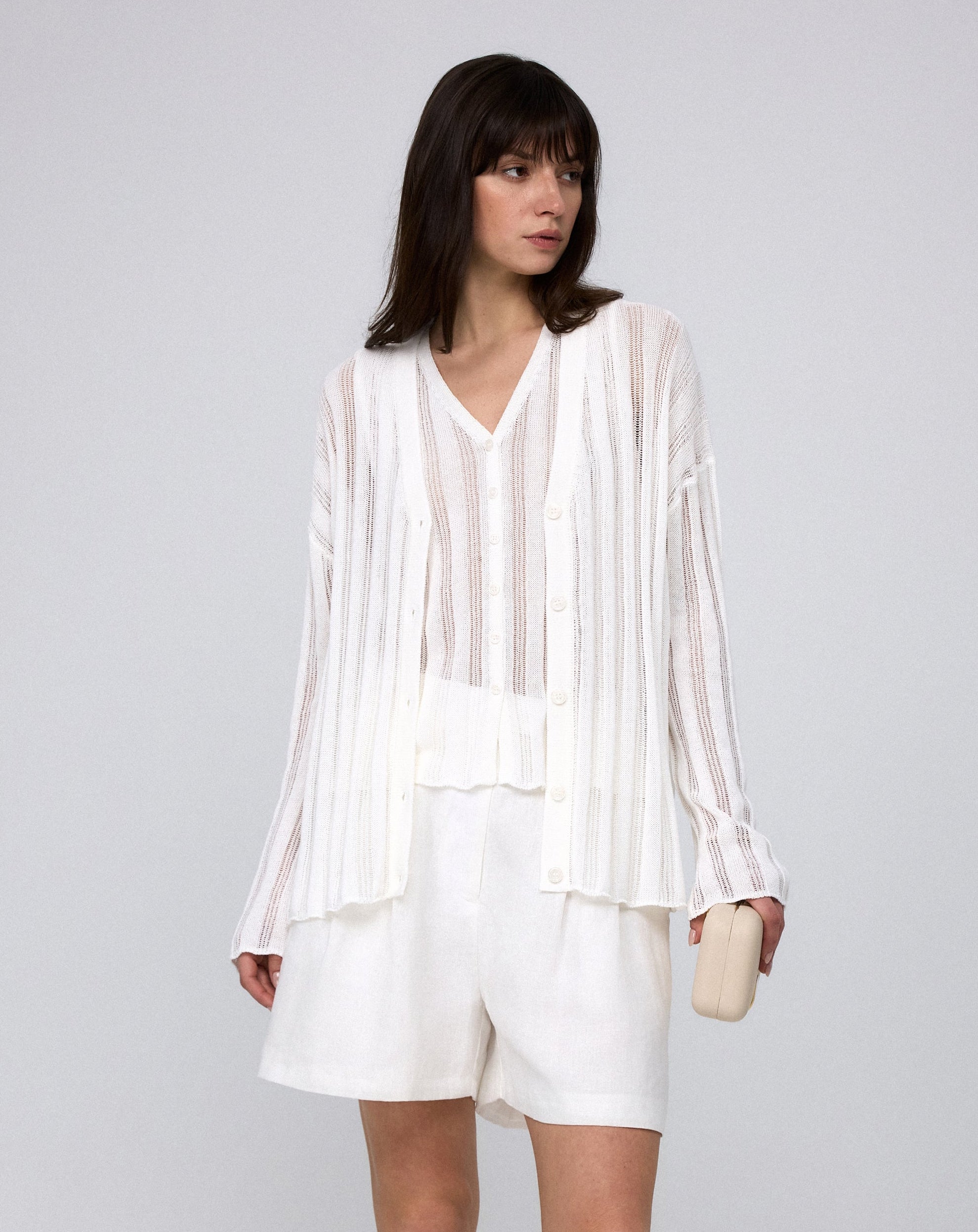 Juana Sumire Open Knit Striped Cardigan white (cotton–cellulose–rayon blend) model look 1 showing lightweight layering