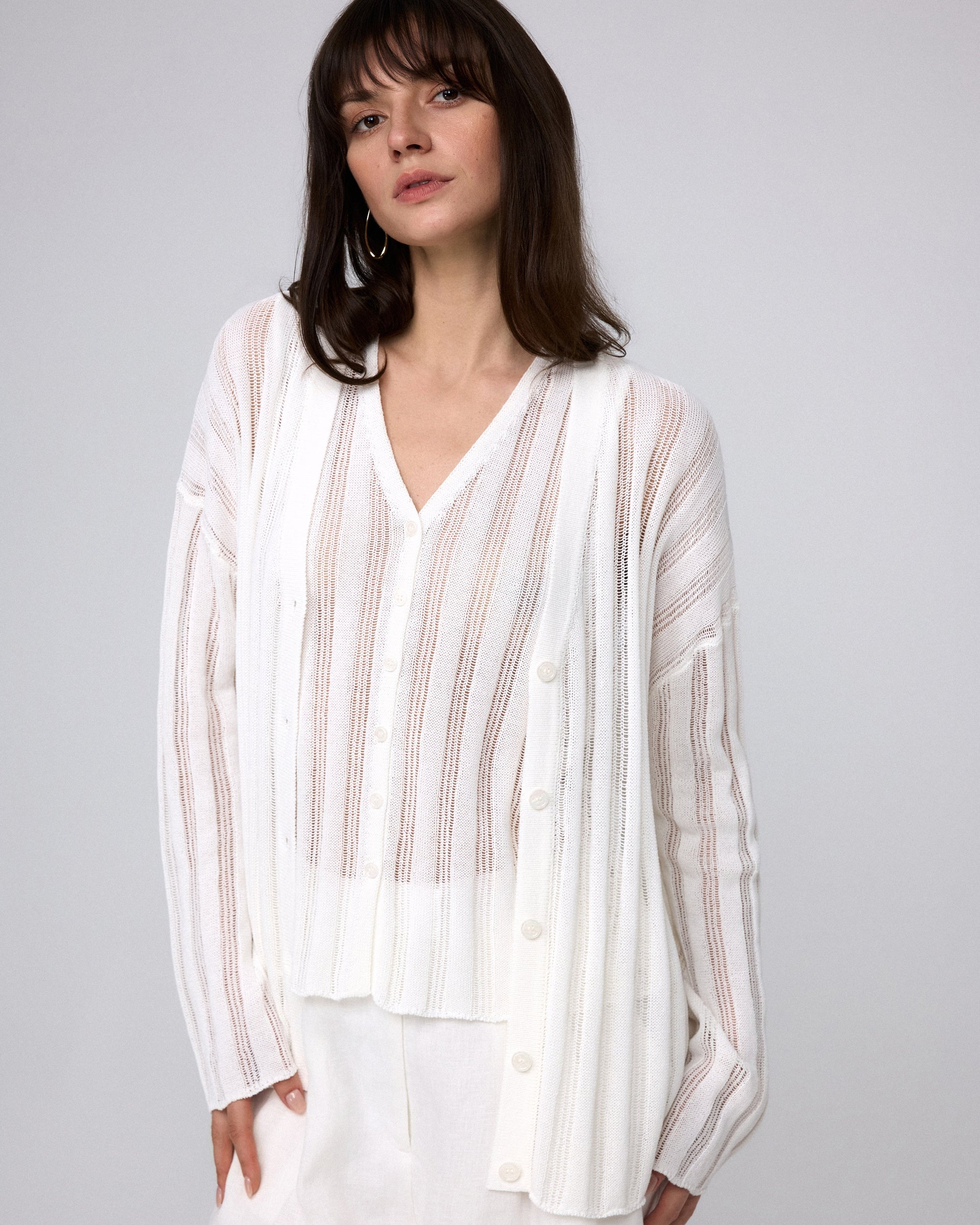 Juana Sumire Open Knit Striped Cardigan white (cotton–cellulose–rayon blend) model look 2 highlighting dobby stripe texture