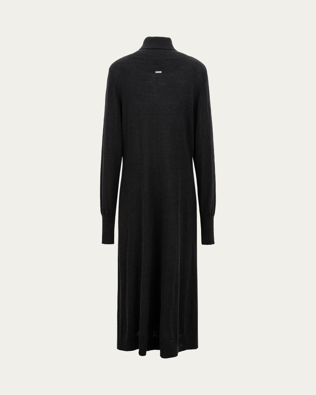Juana Turtleneck Maxi Dress in Black (merino wool–hemp–silk blend) shown from the back with its full-length A-line silhouette.