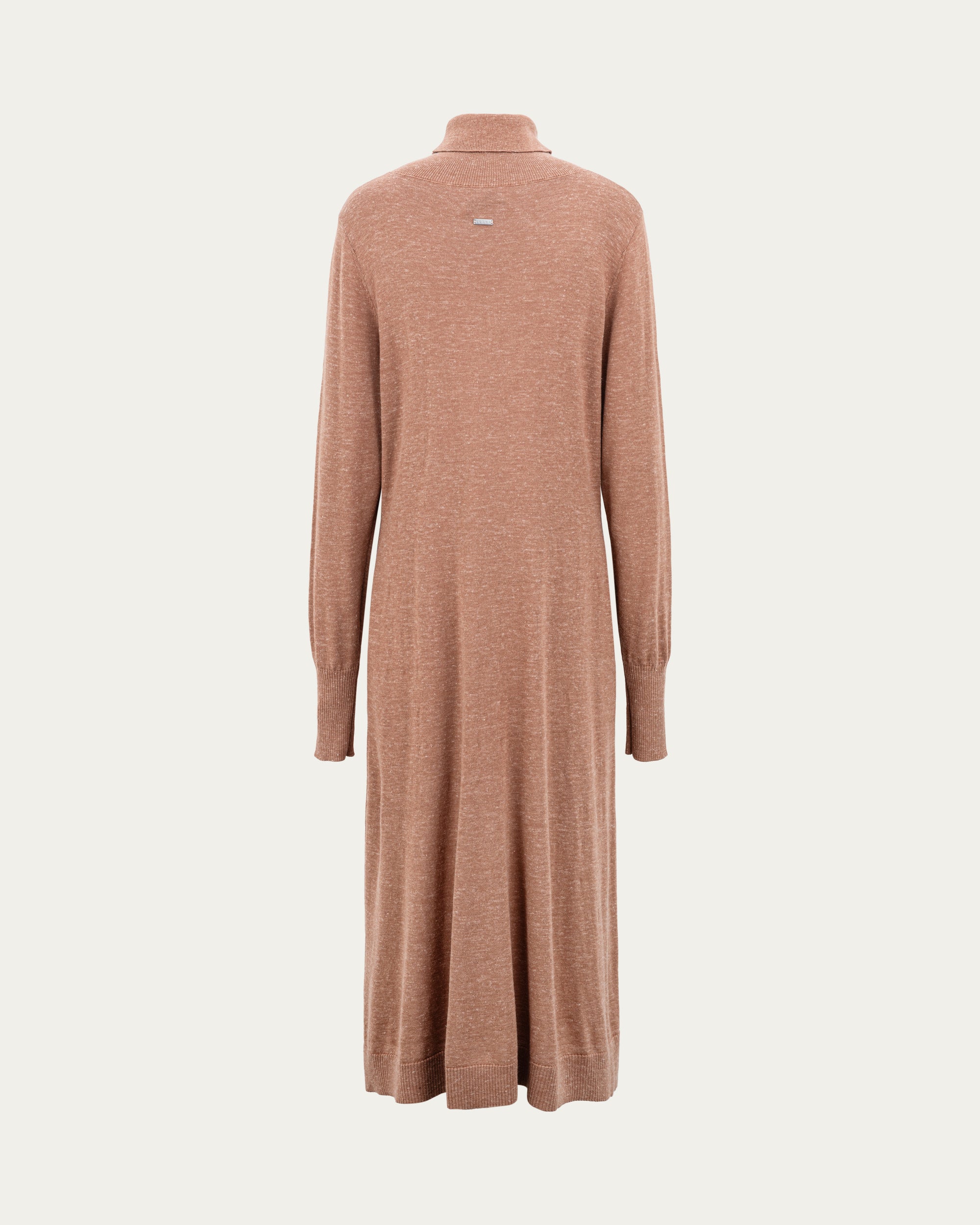 Juana Turtleneck Maxi Dress in Chestnut (merino wool–hemp–silk blend) shown from the back with its full-length A-line silhouette.